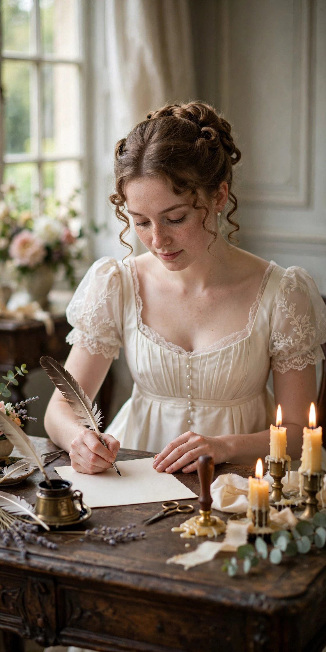 Regency-era scene of a gentleman writing a love letter by candlelight