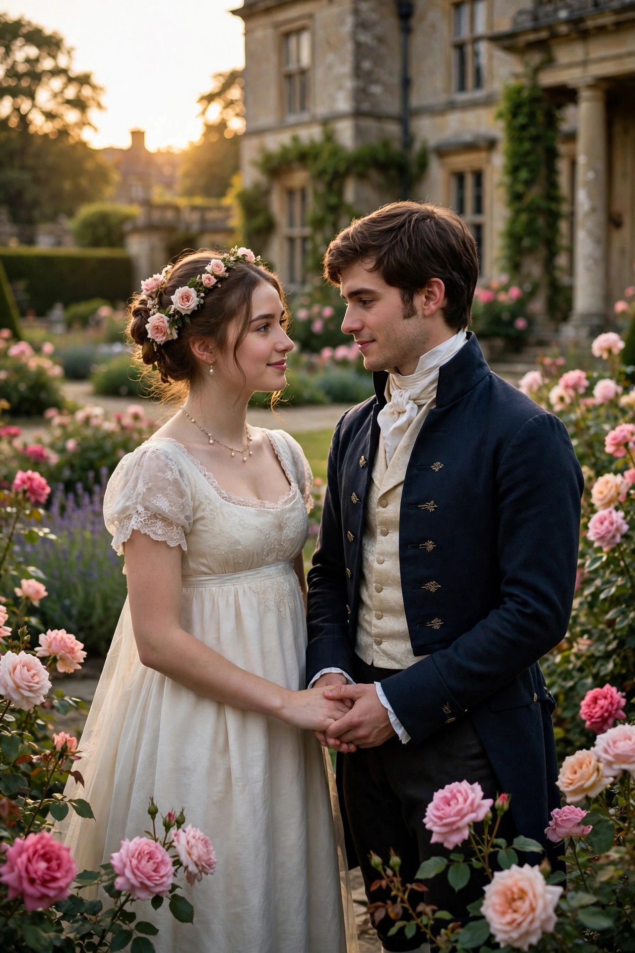 Period romance scene with a couple in elegant historical dress in a garden