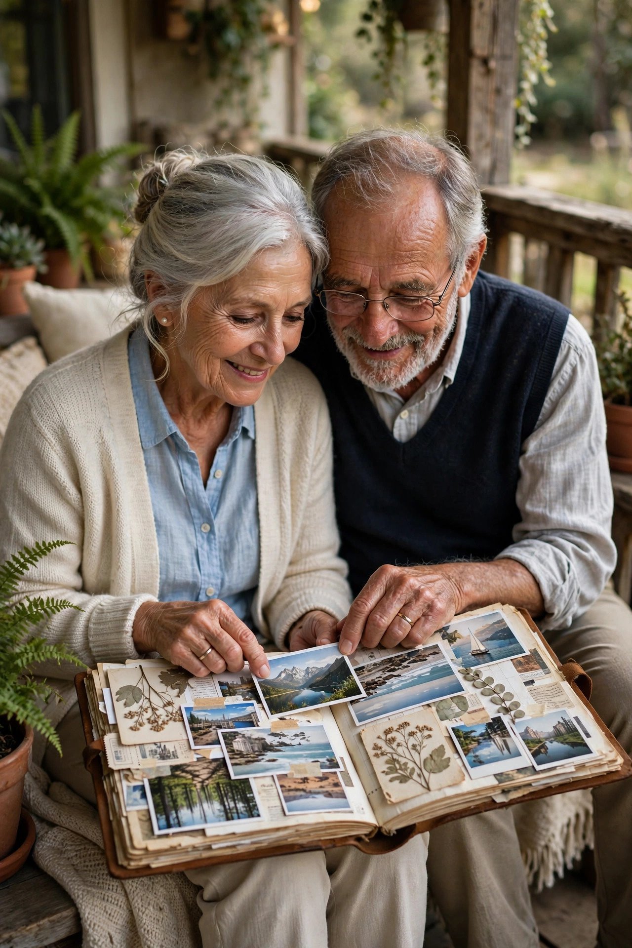 Elderly couple's adventure scrapbook with photos and mementos on a table