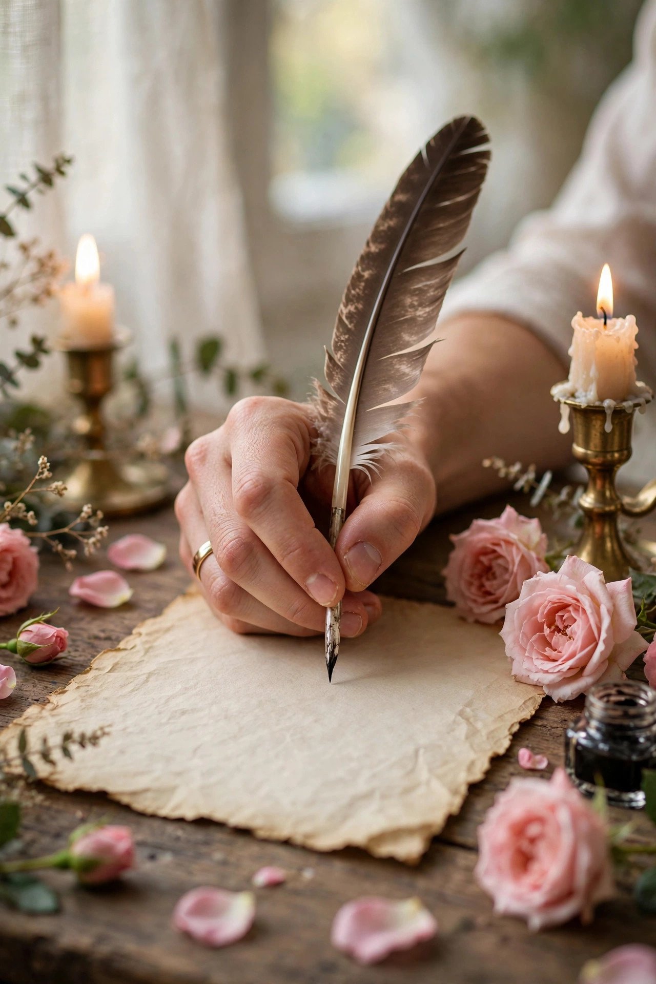 Quill pen writing a love sonnet on parchment by candlelight