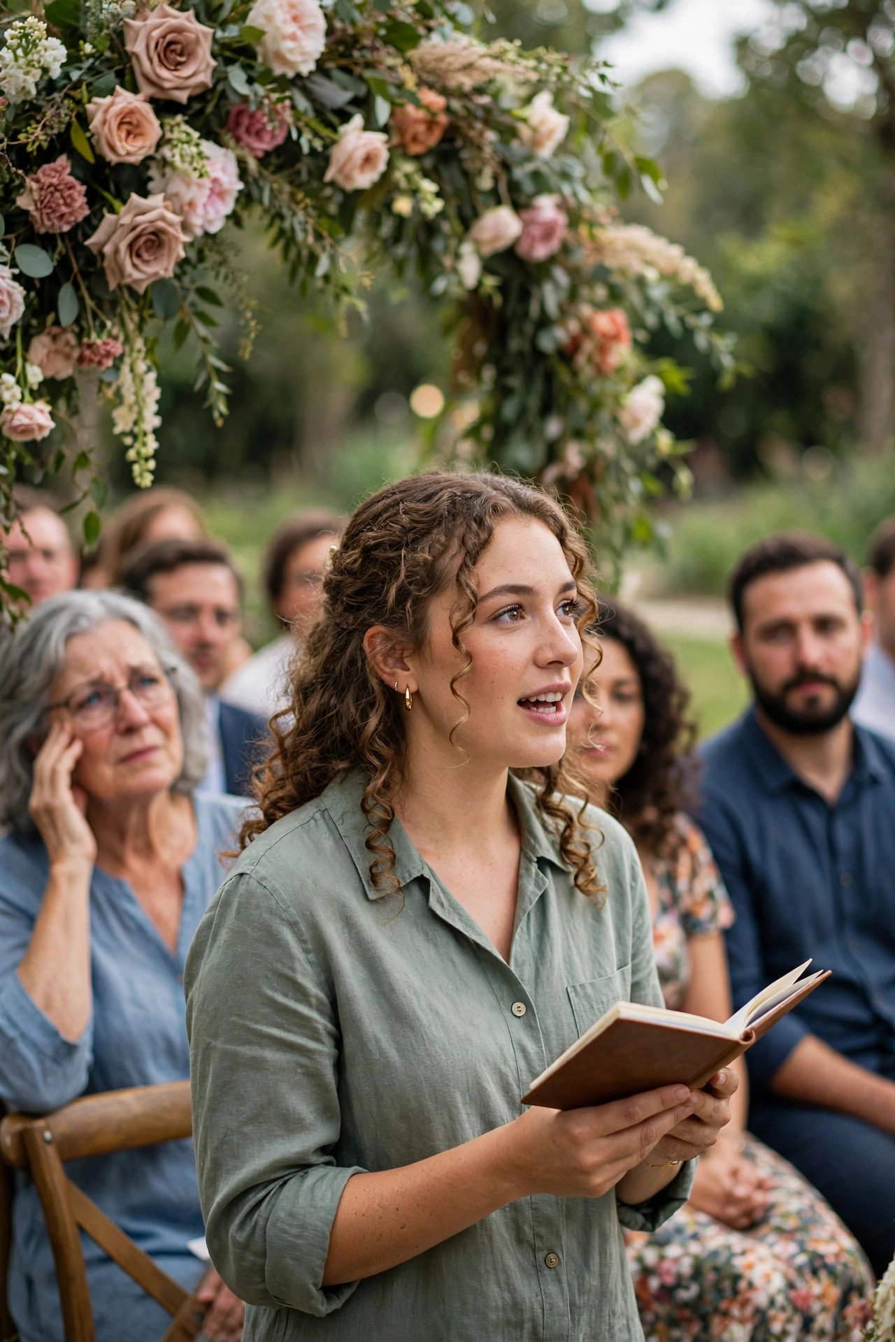 Friend reading aloud at a wedding ceremony holding notes