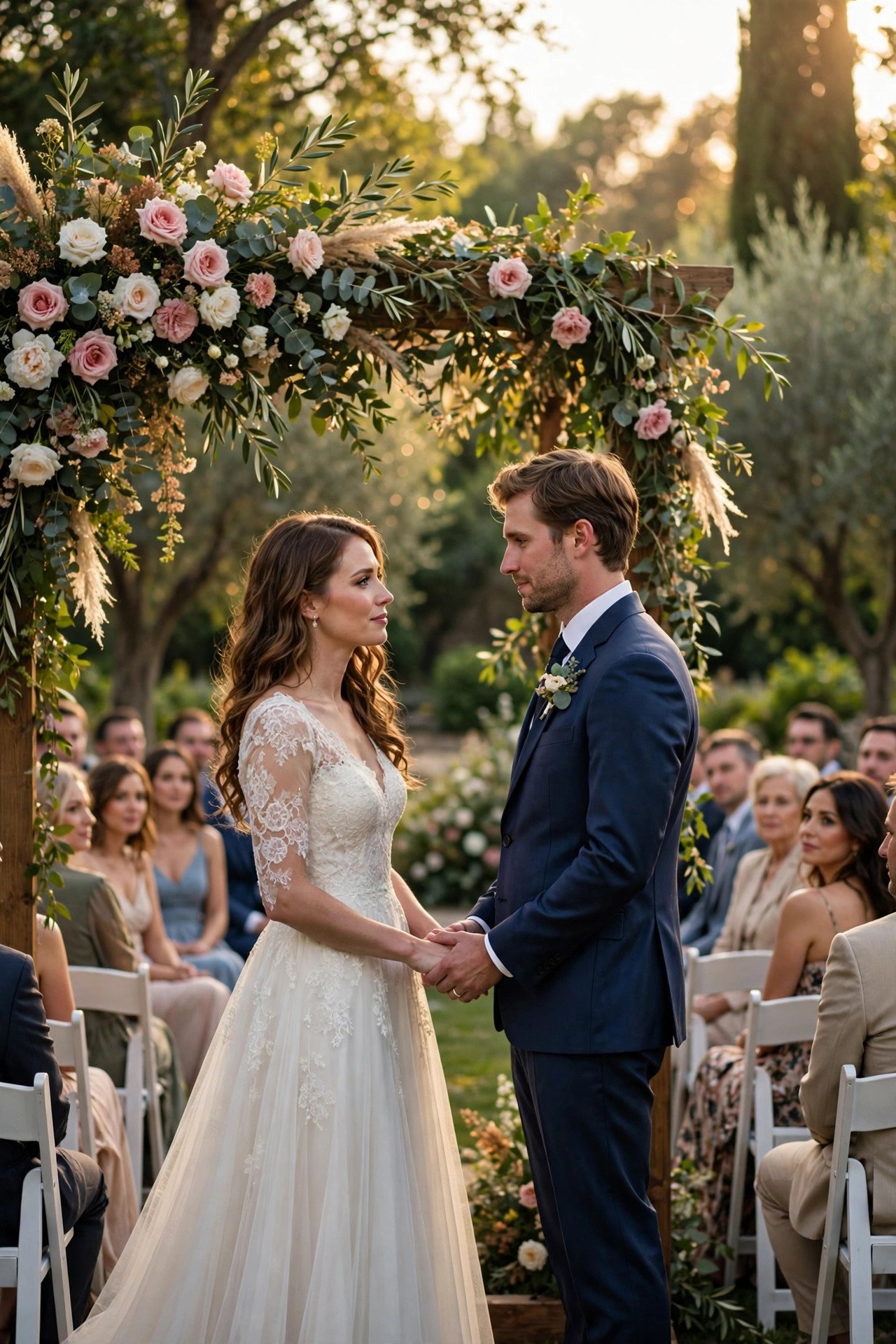 Romantic outdoor wedding ceremony with guests watching the couple exchange vows
