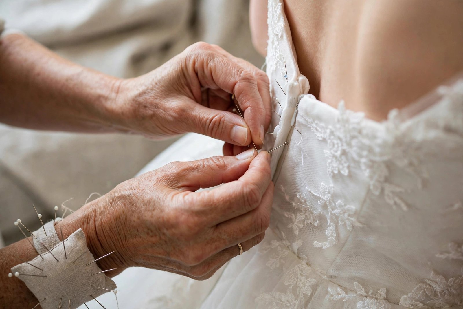 Seamstress pinning a bridal gown on a bride during a fitting