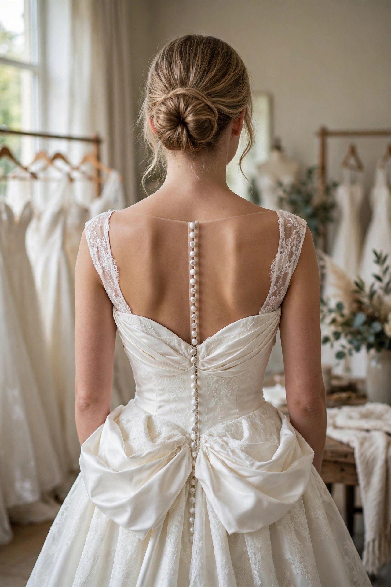 Bustle detail on the back of a wedding dress with buttons and loops