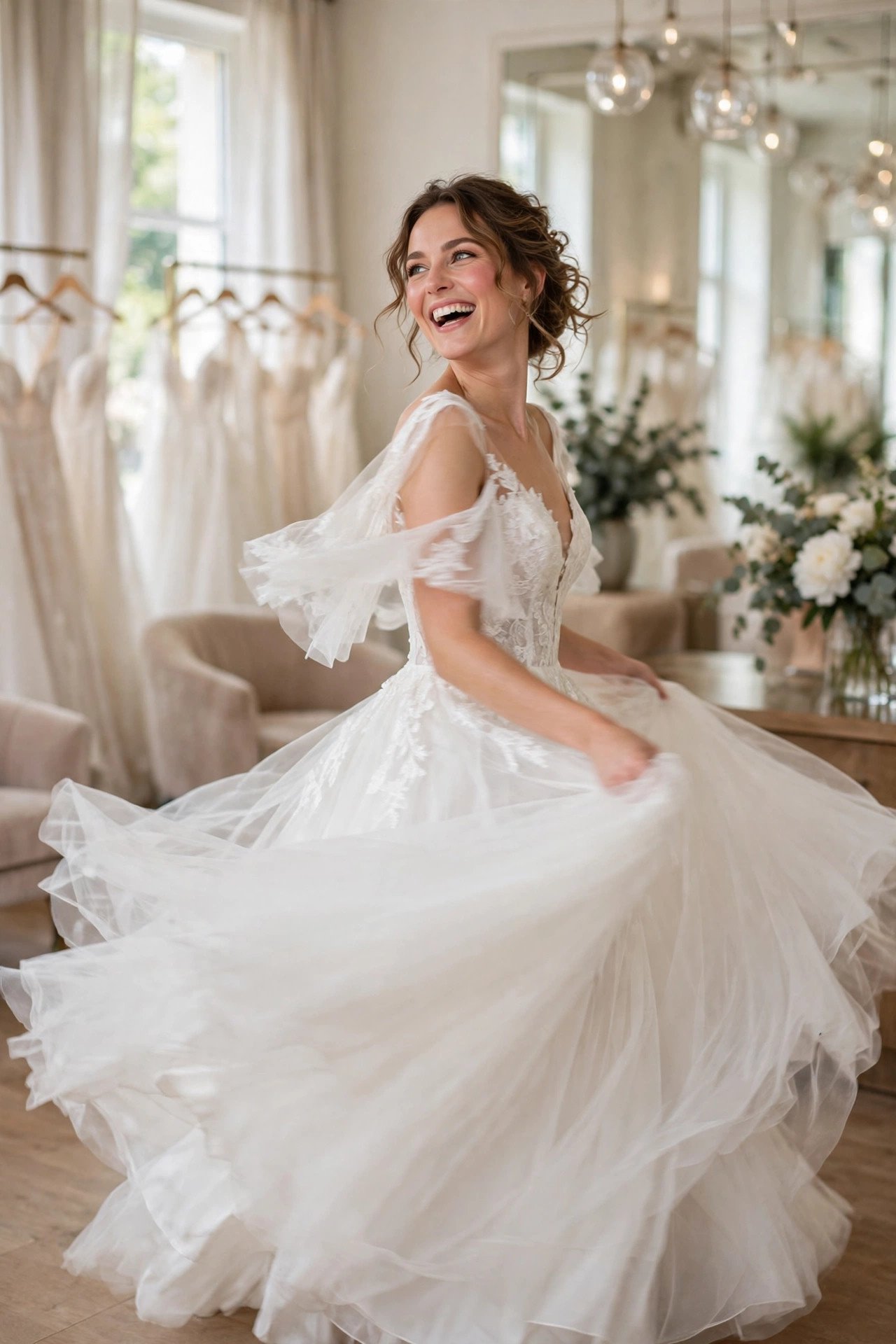 Bride twirling in her gown at a bridal salon testing movement