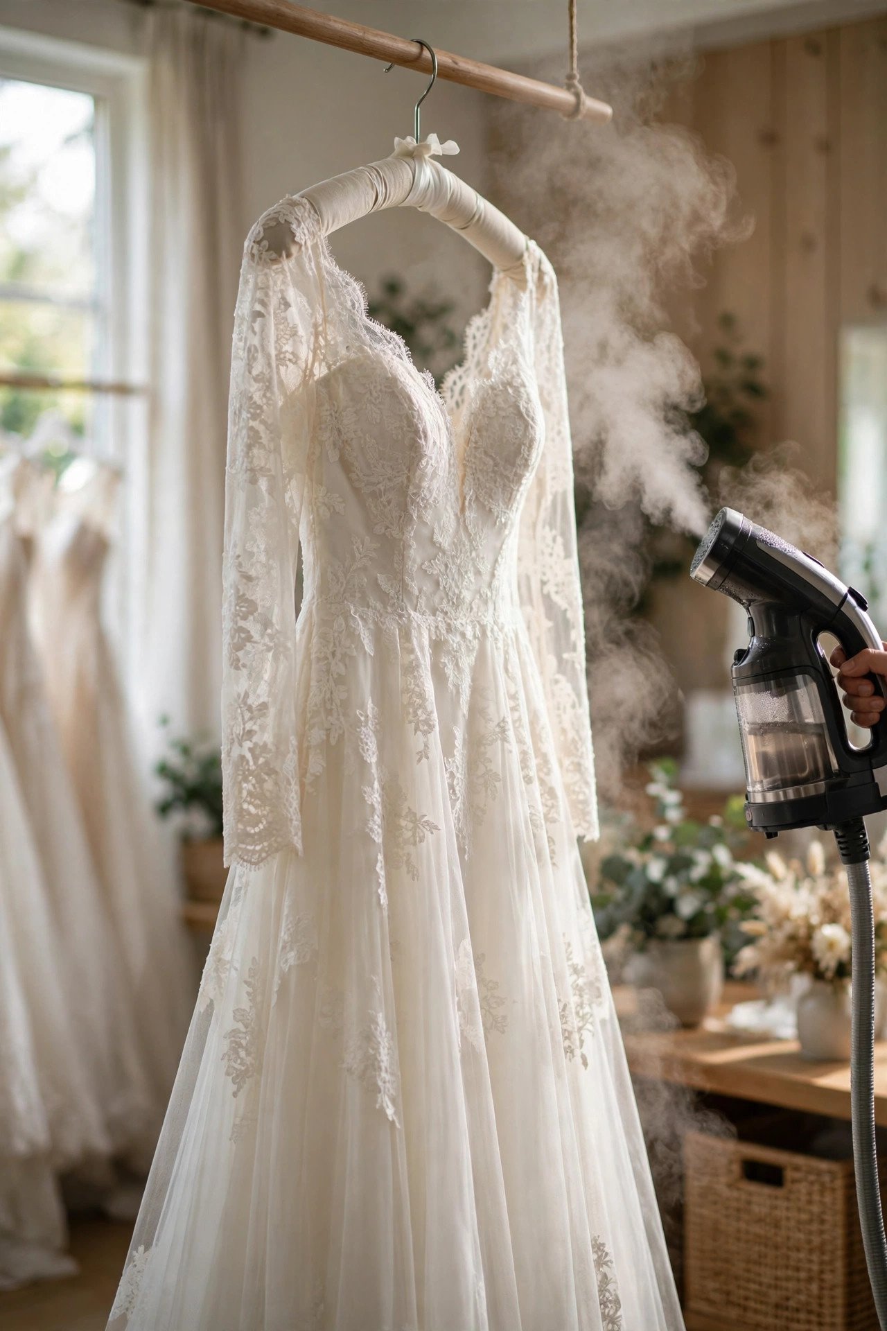 Steamer steaming a wedding dress hanging in a bridal suite