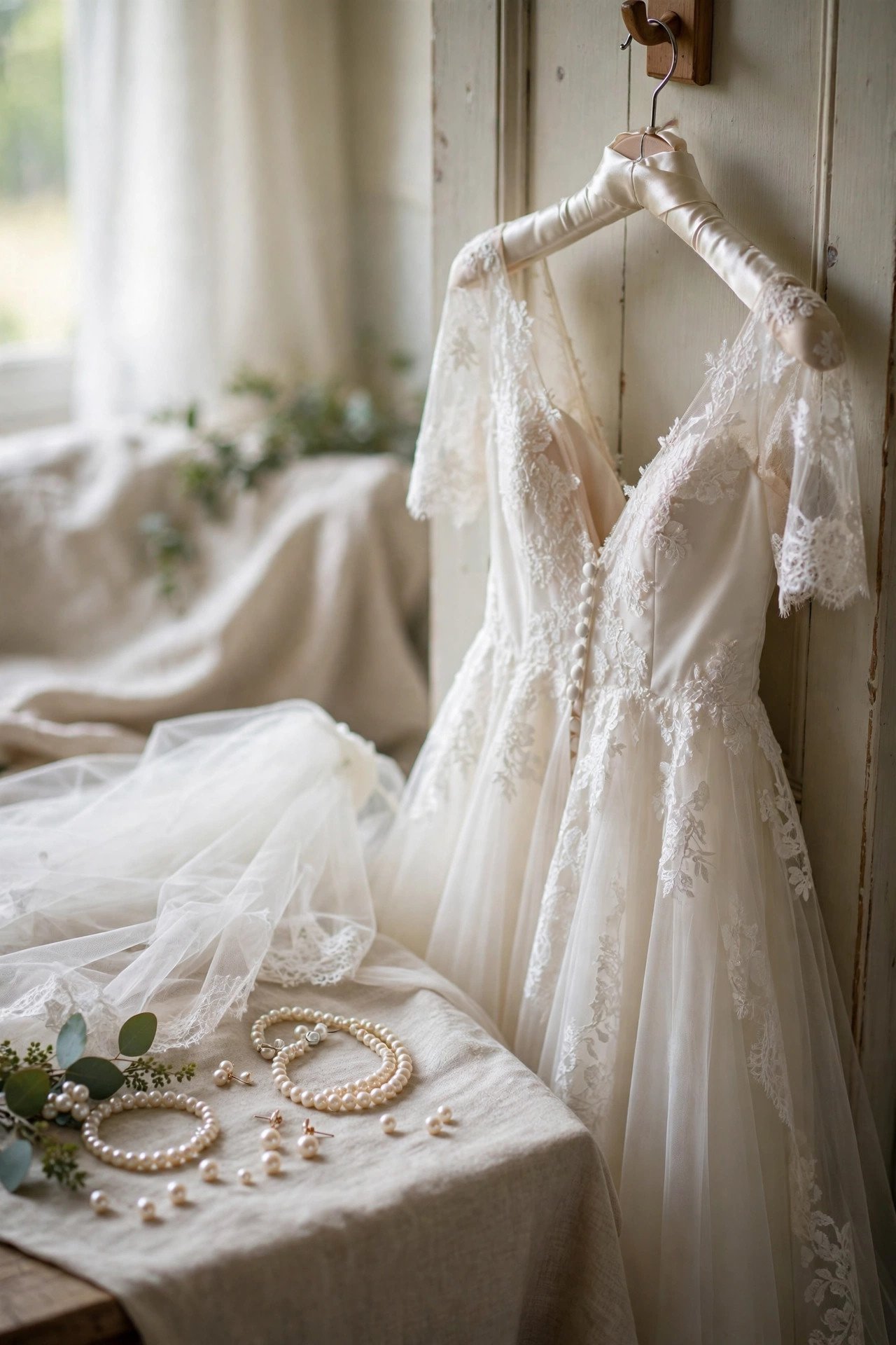 Wedding veil and jewelry arranged with a bridal gown