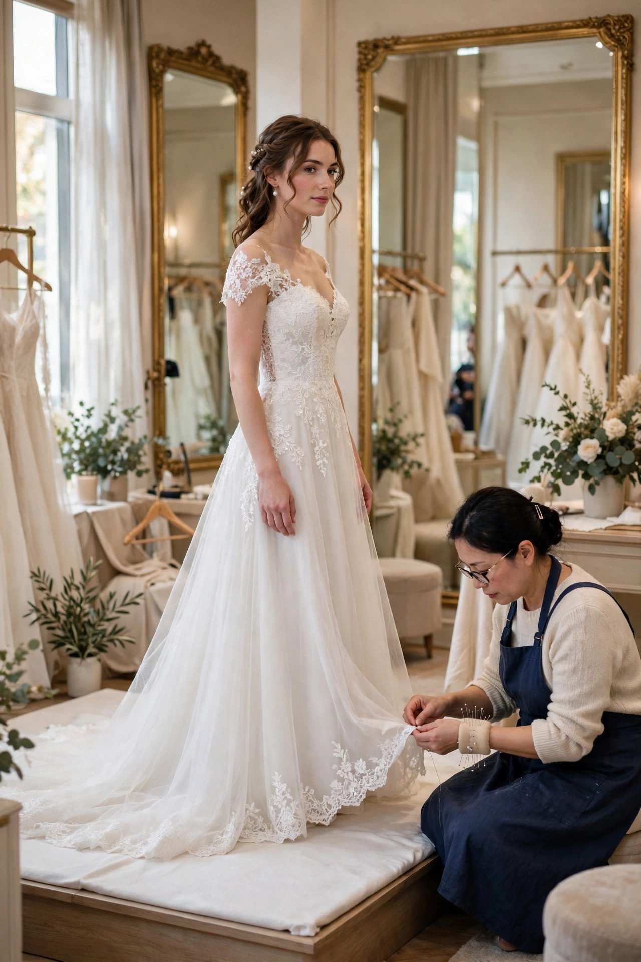 Bride at a wedding dress fitting with a seamstress adjusting her gown in a bridal salon