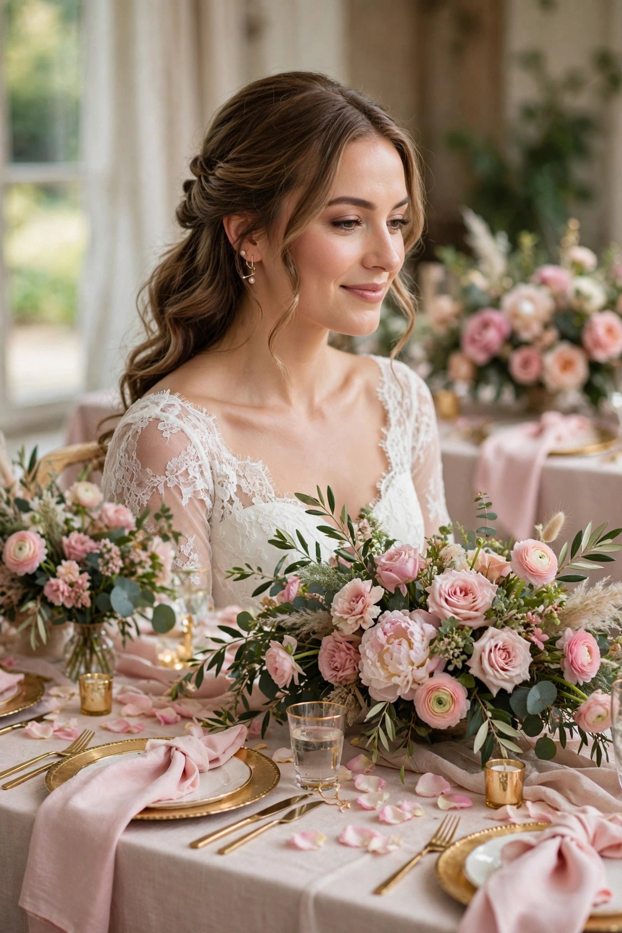 Blush and gold floral bridal shower tablescape with pink roses