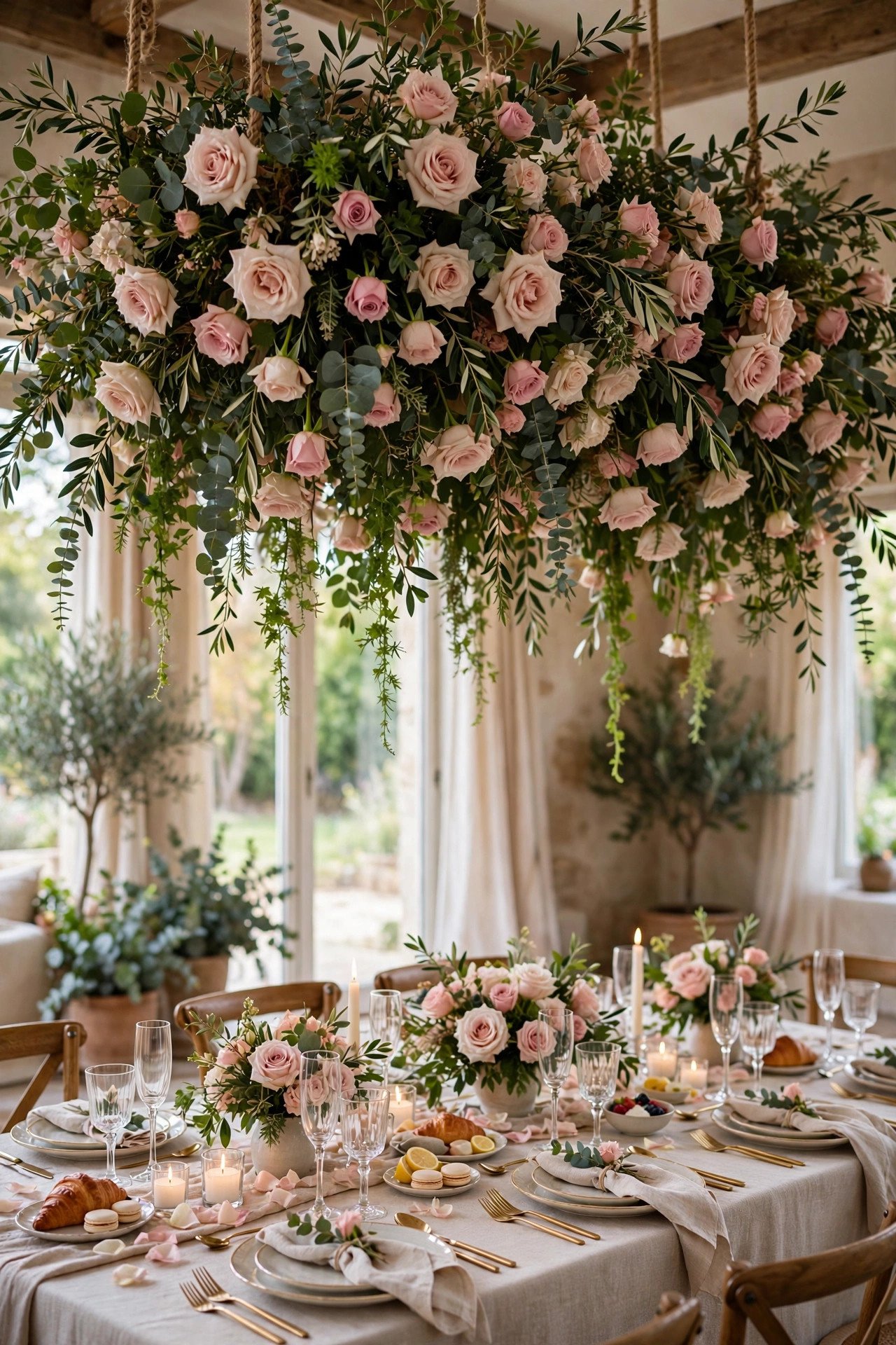 Hanging floral installation with blush blooms over a bridal shower table