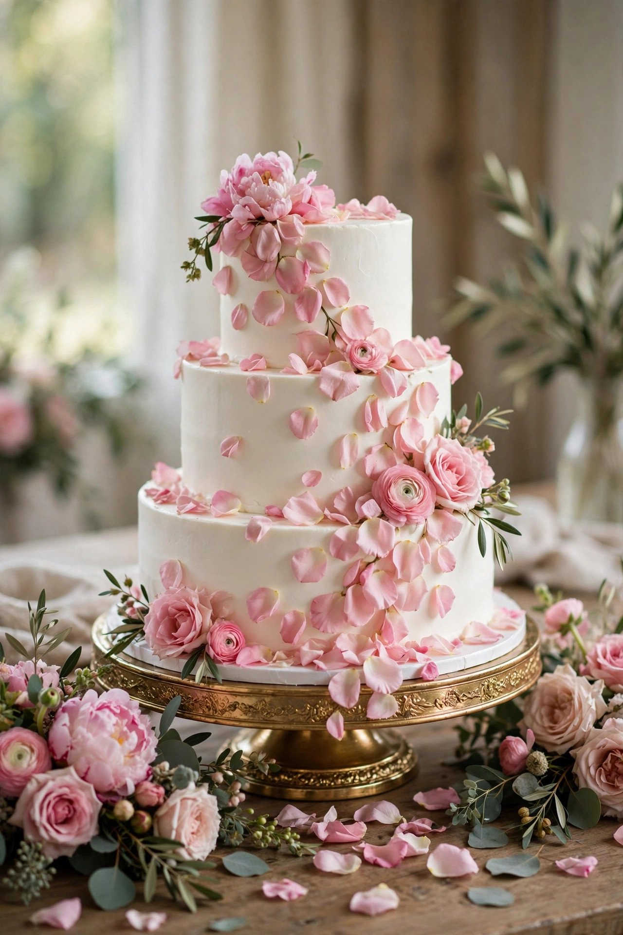 Bridal shower cake decorated with fresh flower petals in blush tones