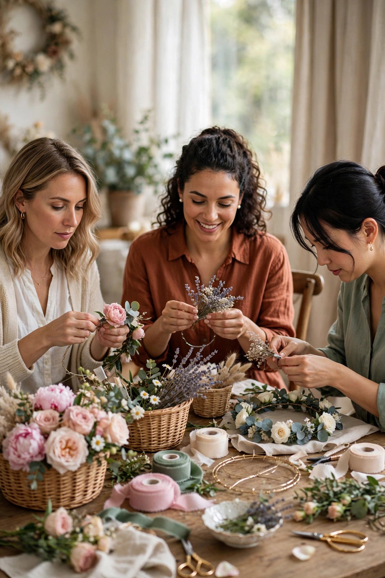 DIY flower crown making station with fresh blooms and supplies at a bridal shower