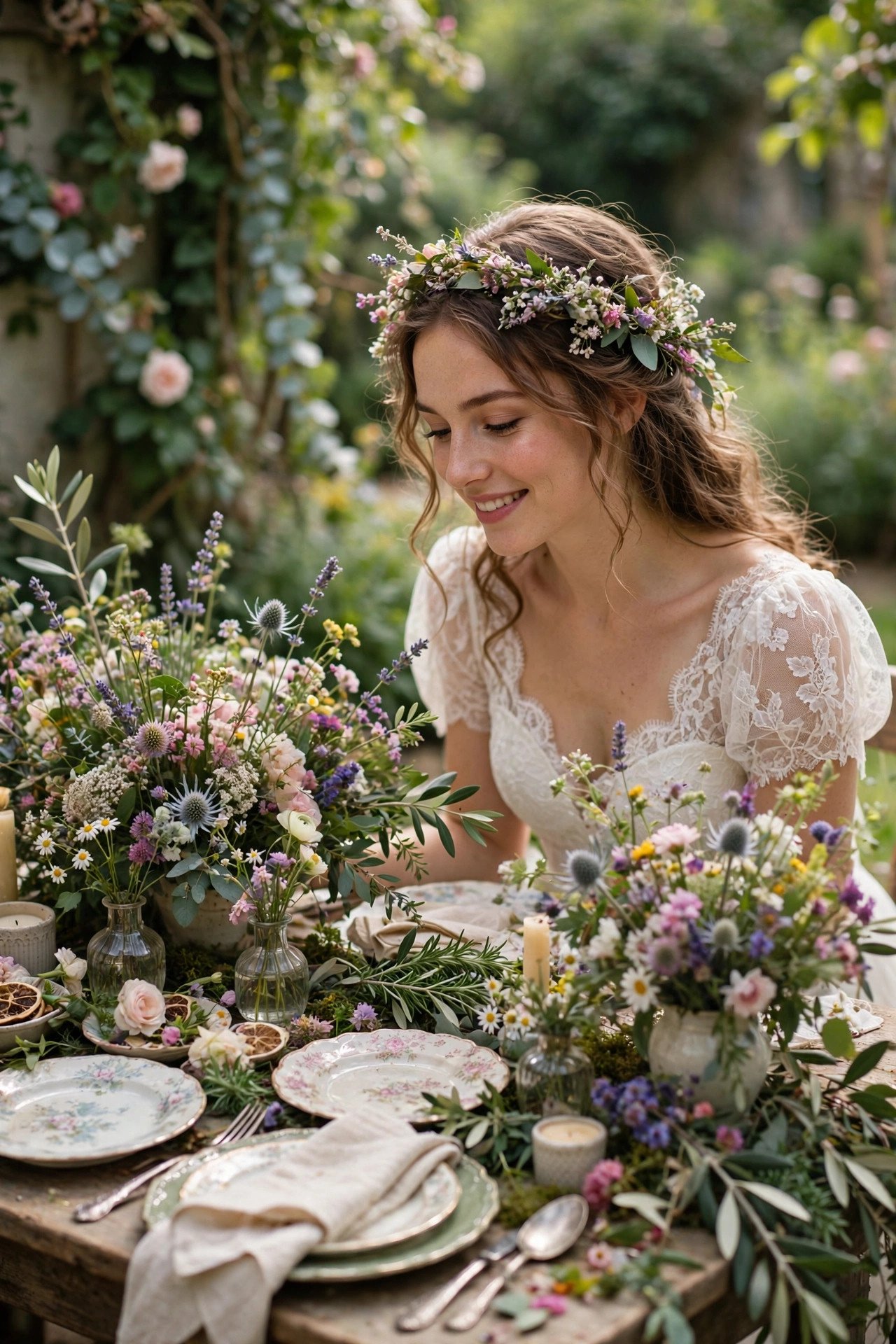 Lush garden-style bridal shower table with wildflowers and greenery