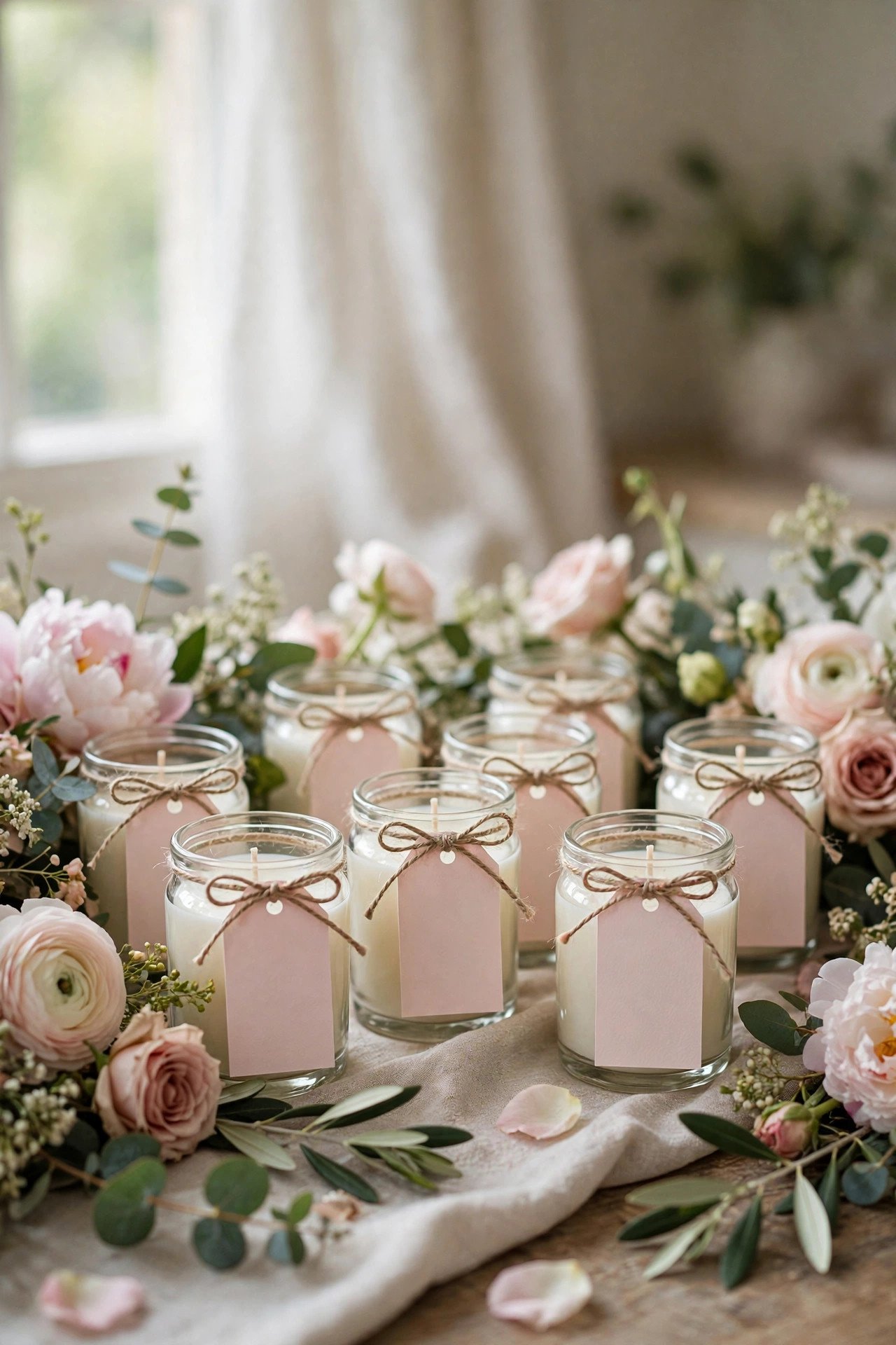 Floral-scented candle favors with personalized tags at a bridal shower