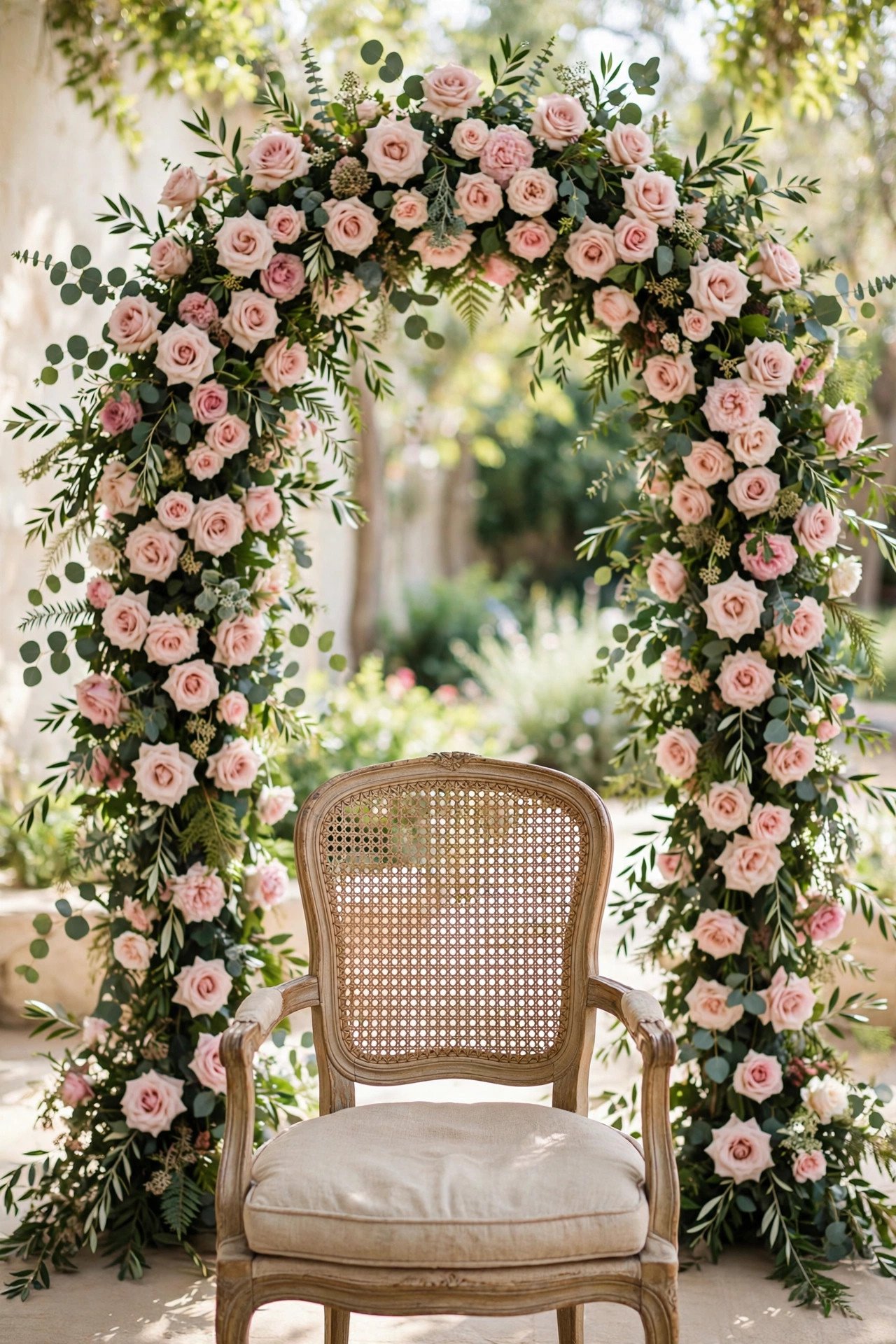 Floral arch photo backdrop with blush blooms at a bridal shower