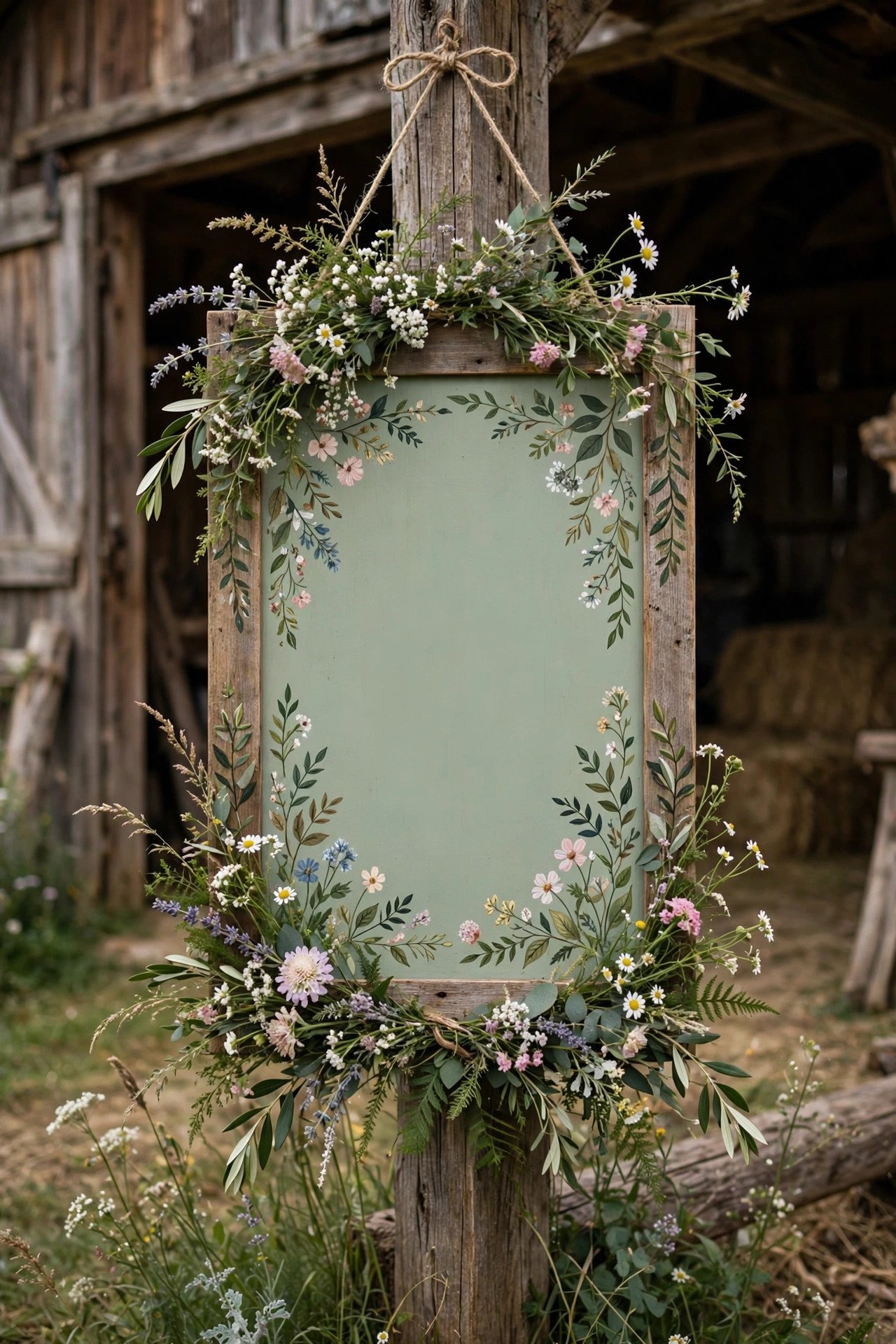 Hand-painted wooden wedding welcome sign with calligraphy at a rustic venue