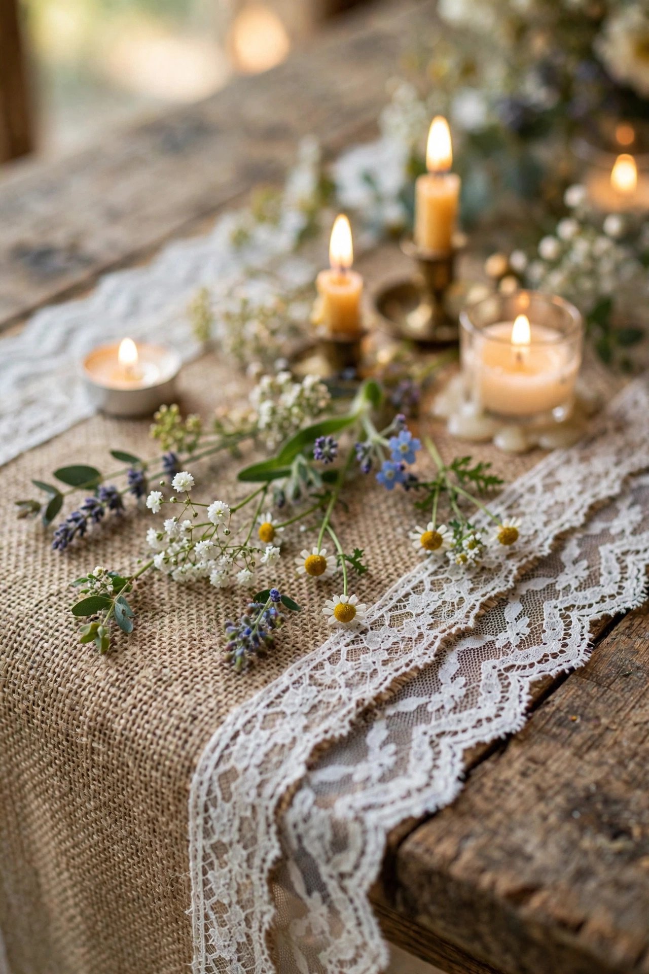 Burlap and lace table runner detail on a rustic wedding table