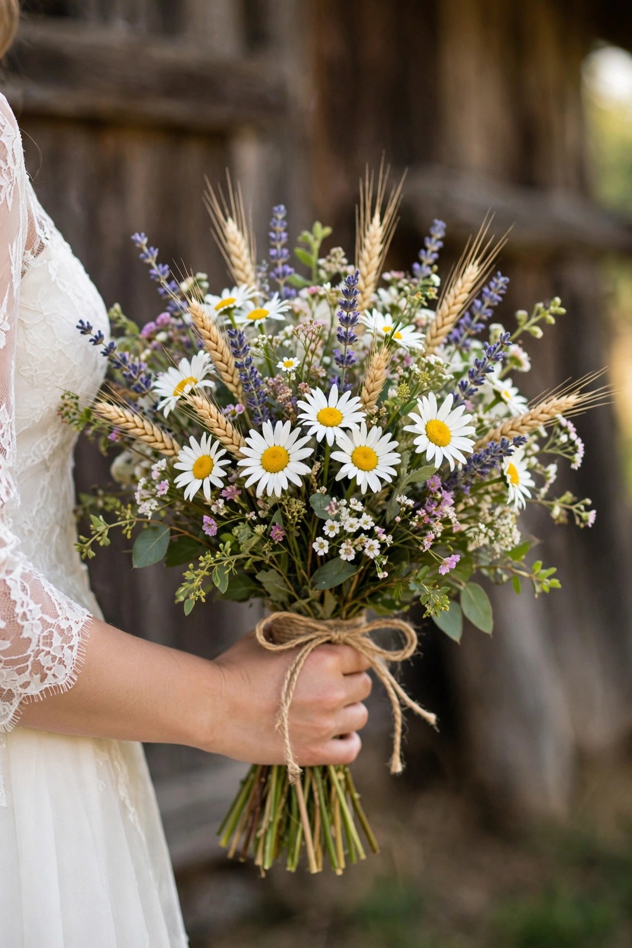 Wildflower bridal bouquet with daisies and greenery tied with ribbon