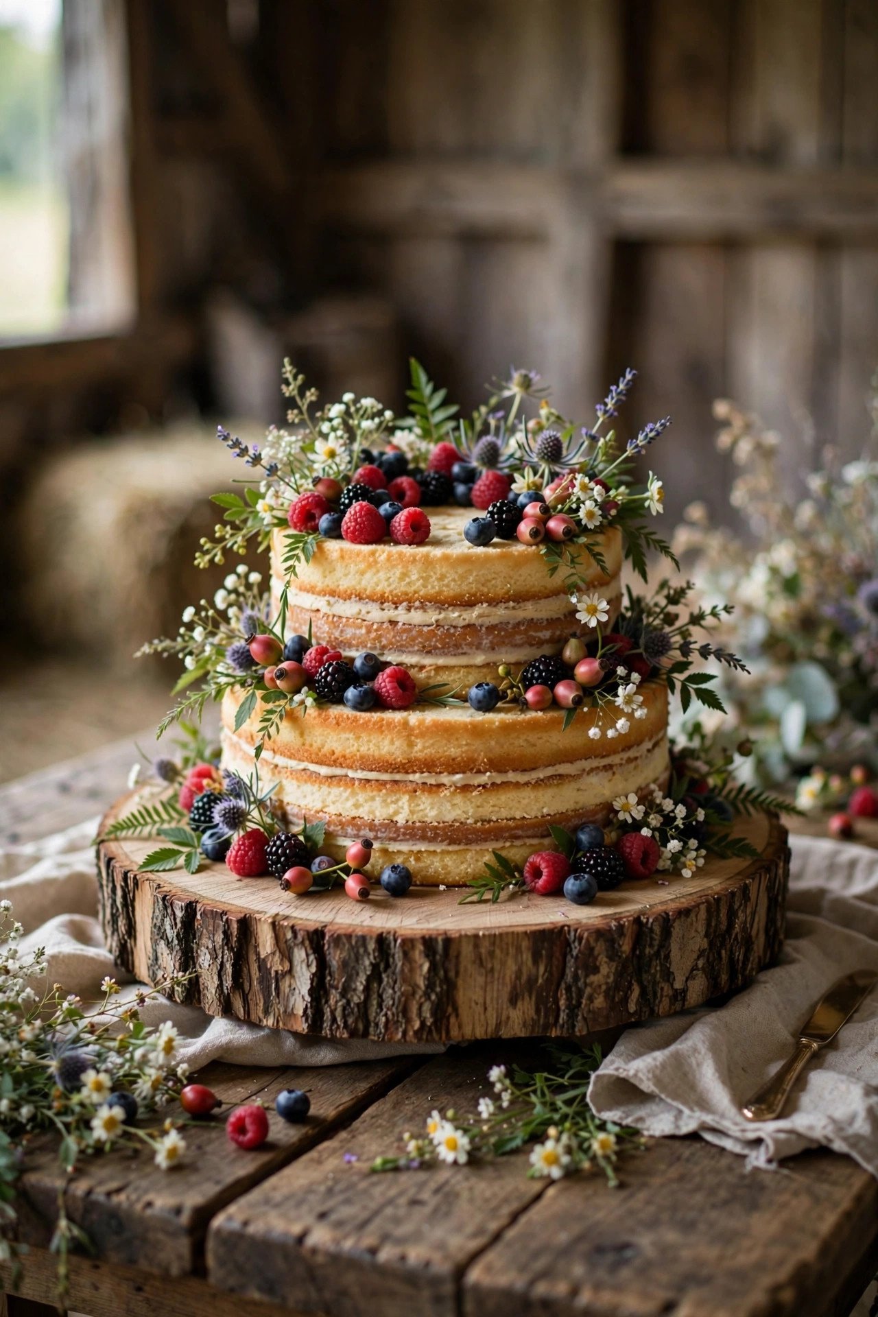 Naked wedding cake on a wooden log slice stand with greenery