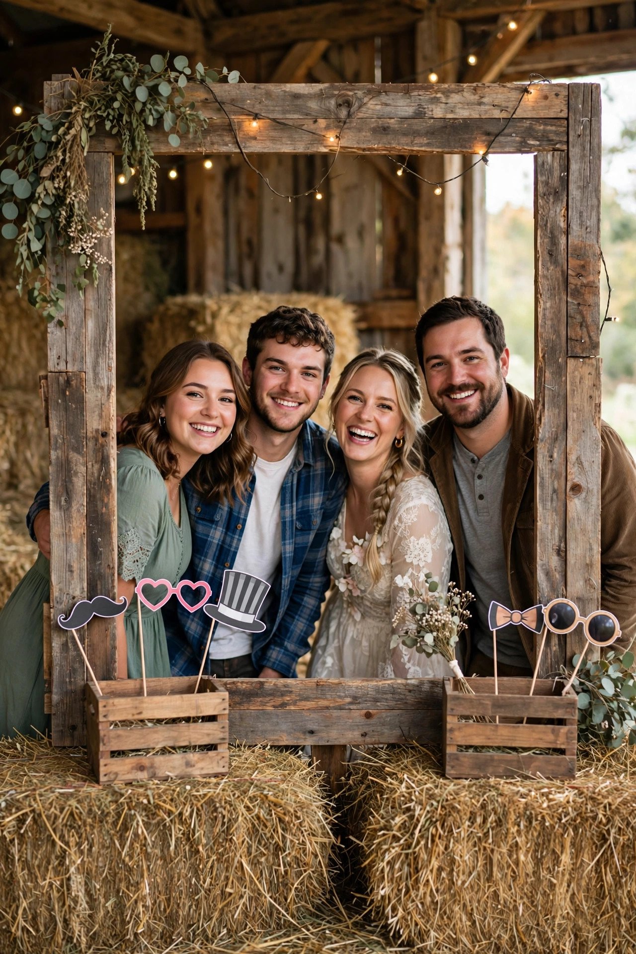 Rustic wooden frame photo booth with props at a wedding reception