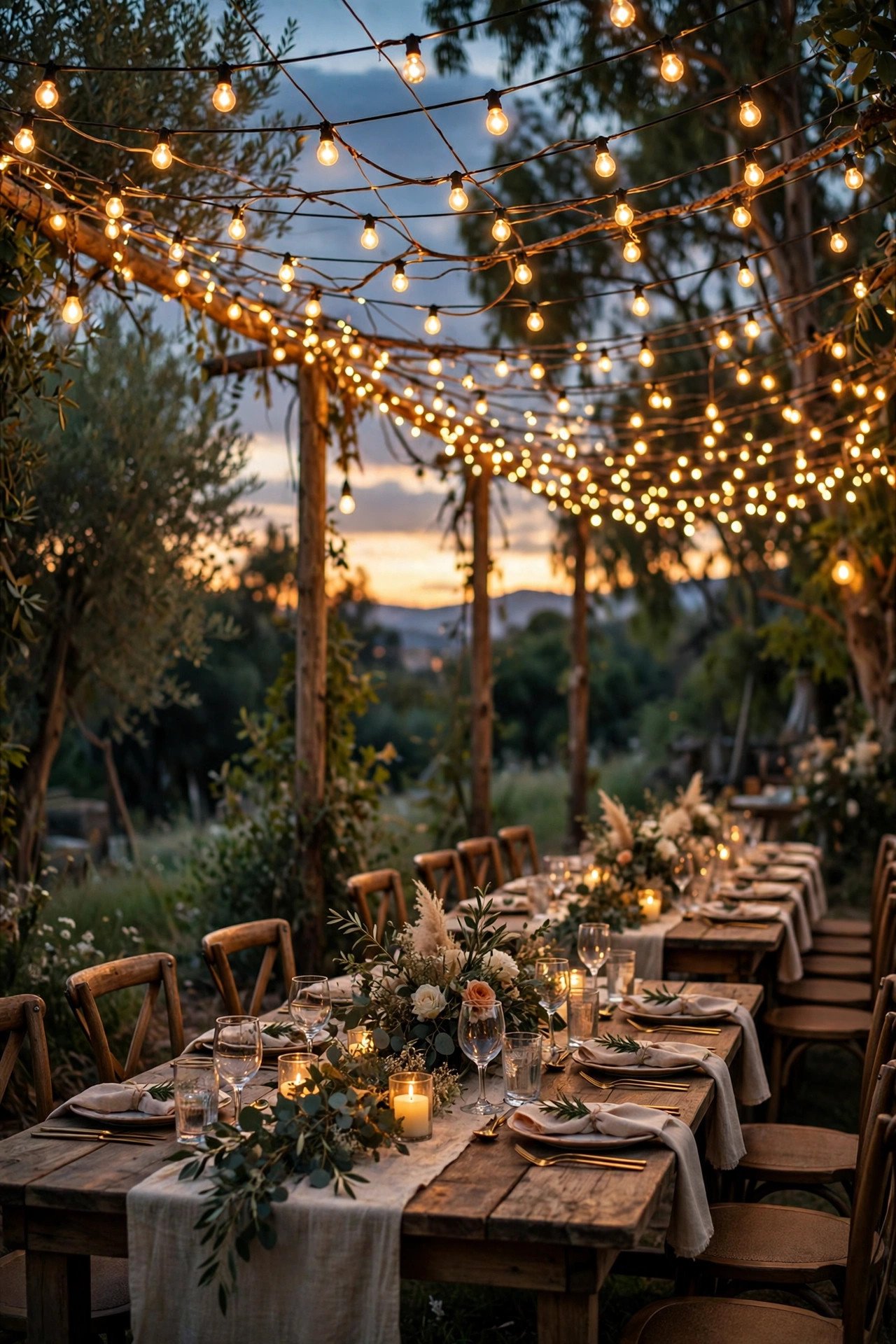 String lights canopy over an outdoor rustic wedding reception at dusk