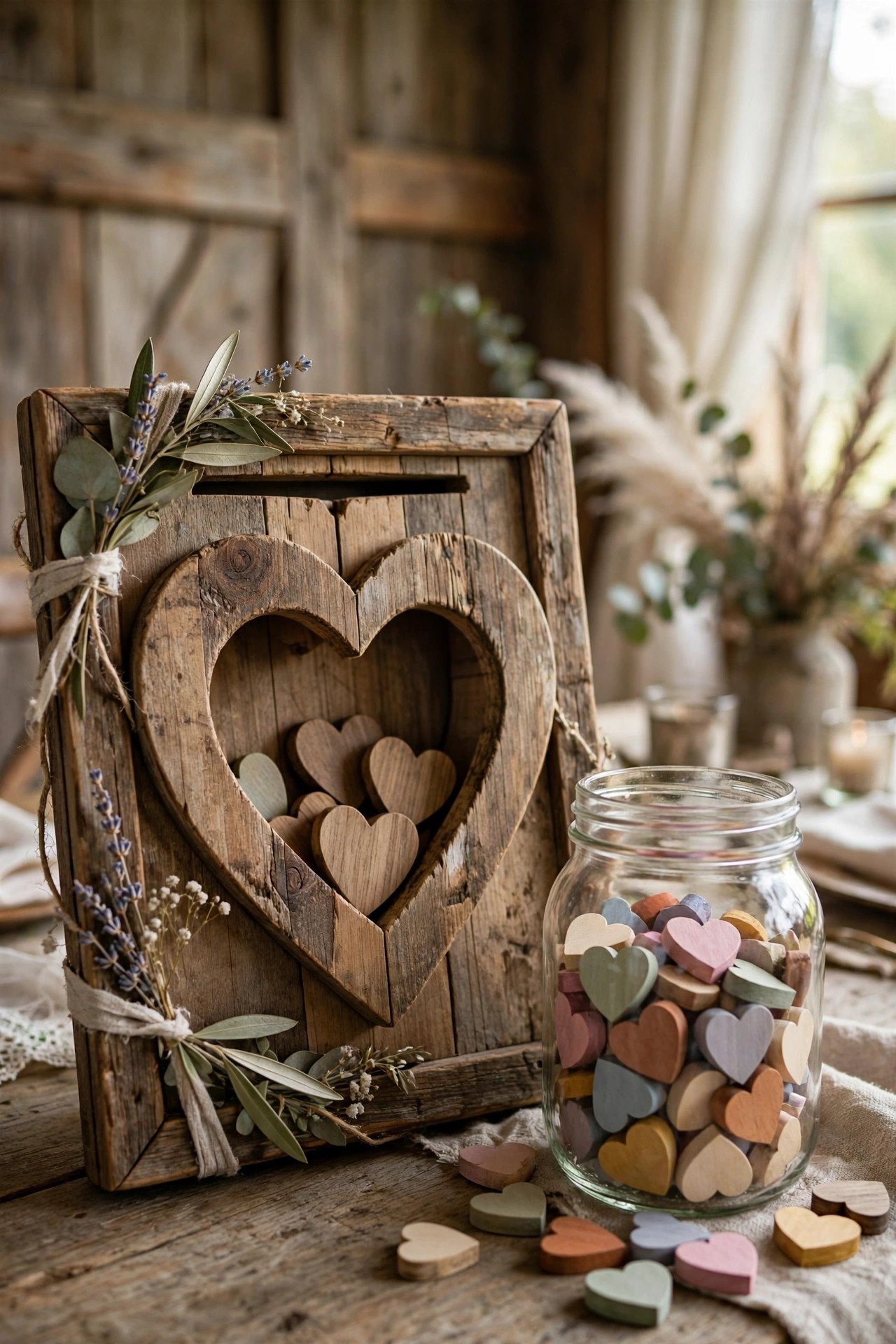 Wooden heart drop guest book alternative at a rustic wedding