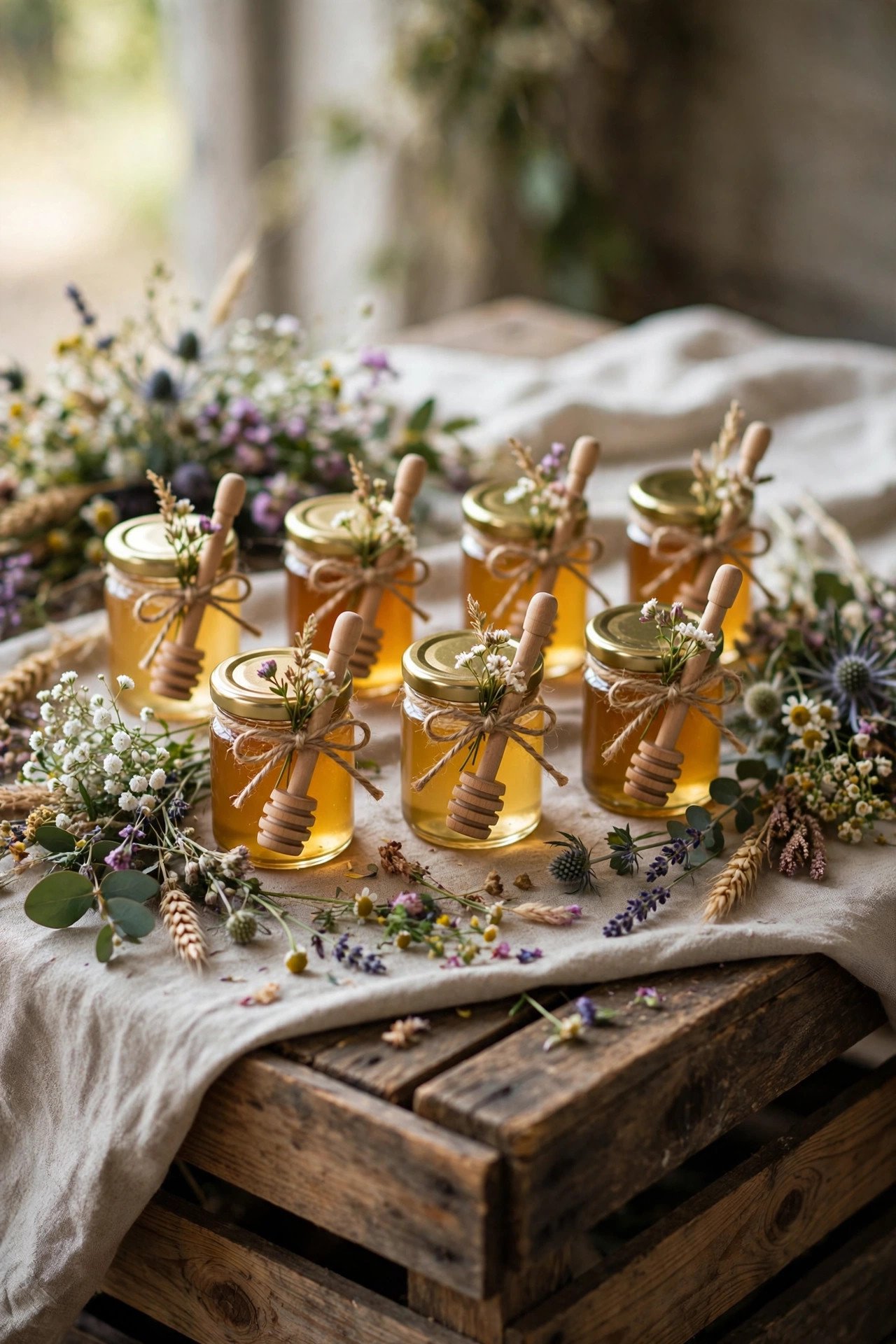 Honey jars as rustic wedding favors with twine and tags