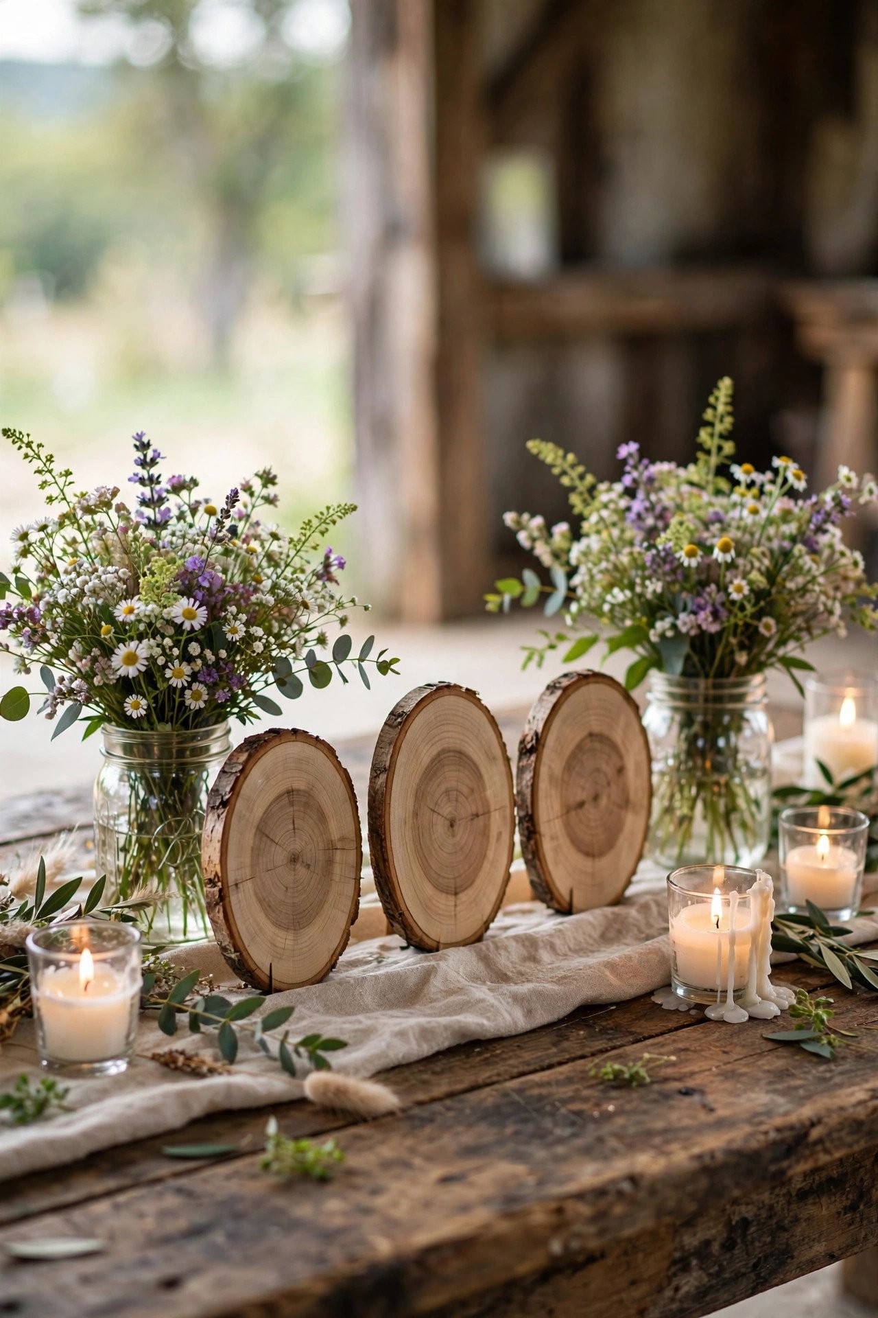Table numbers painted on wood slices at a rustic wedding reception