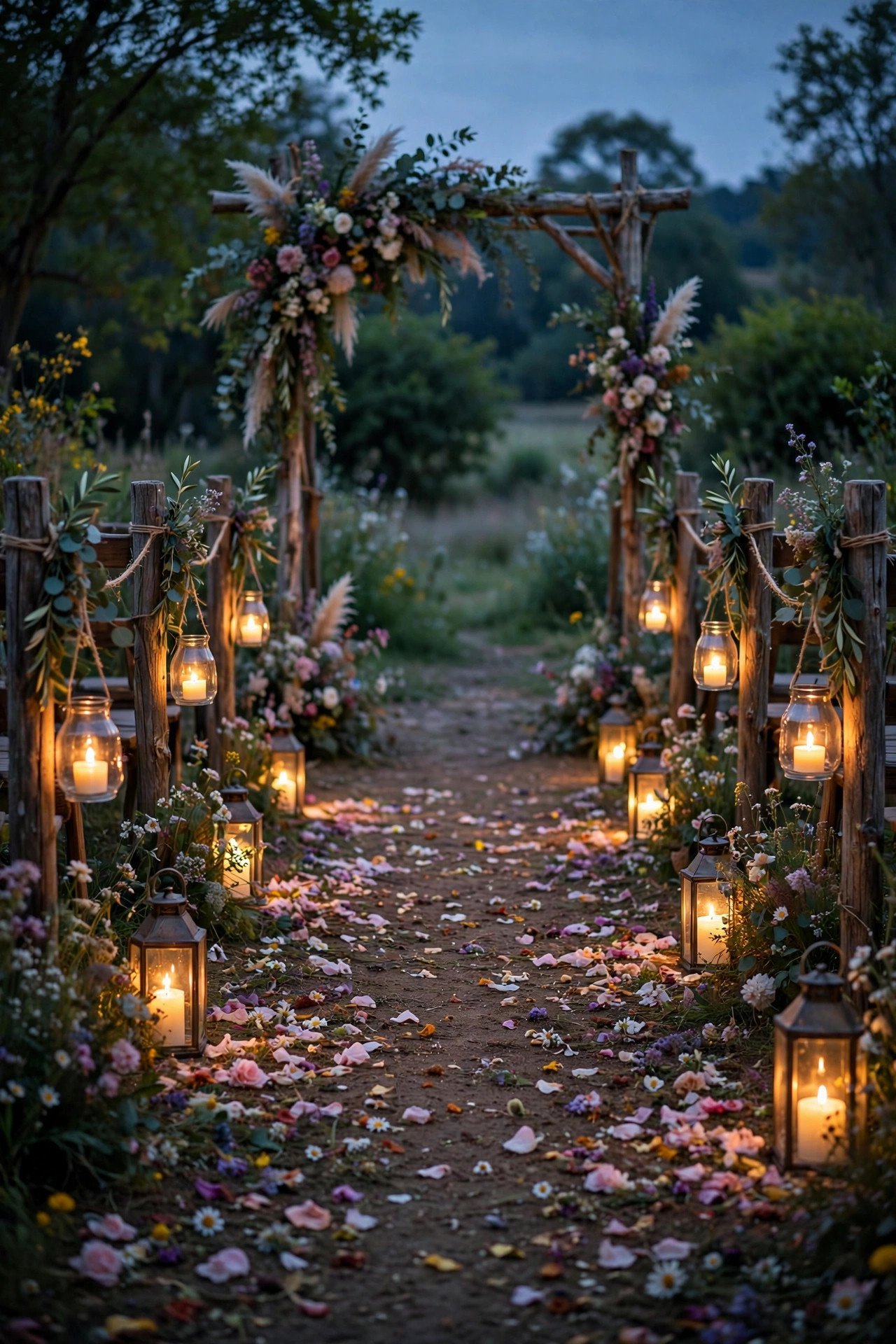 Lanterns lining a rustic wedding ceremony aisle with candles glowing
