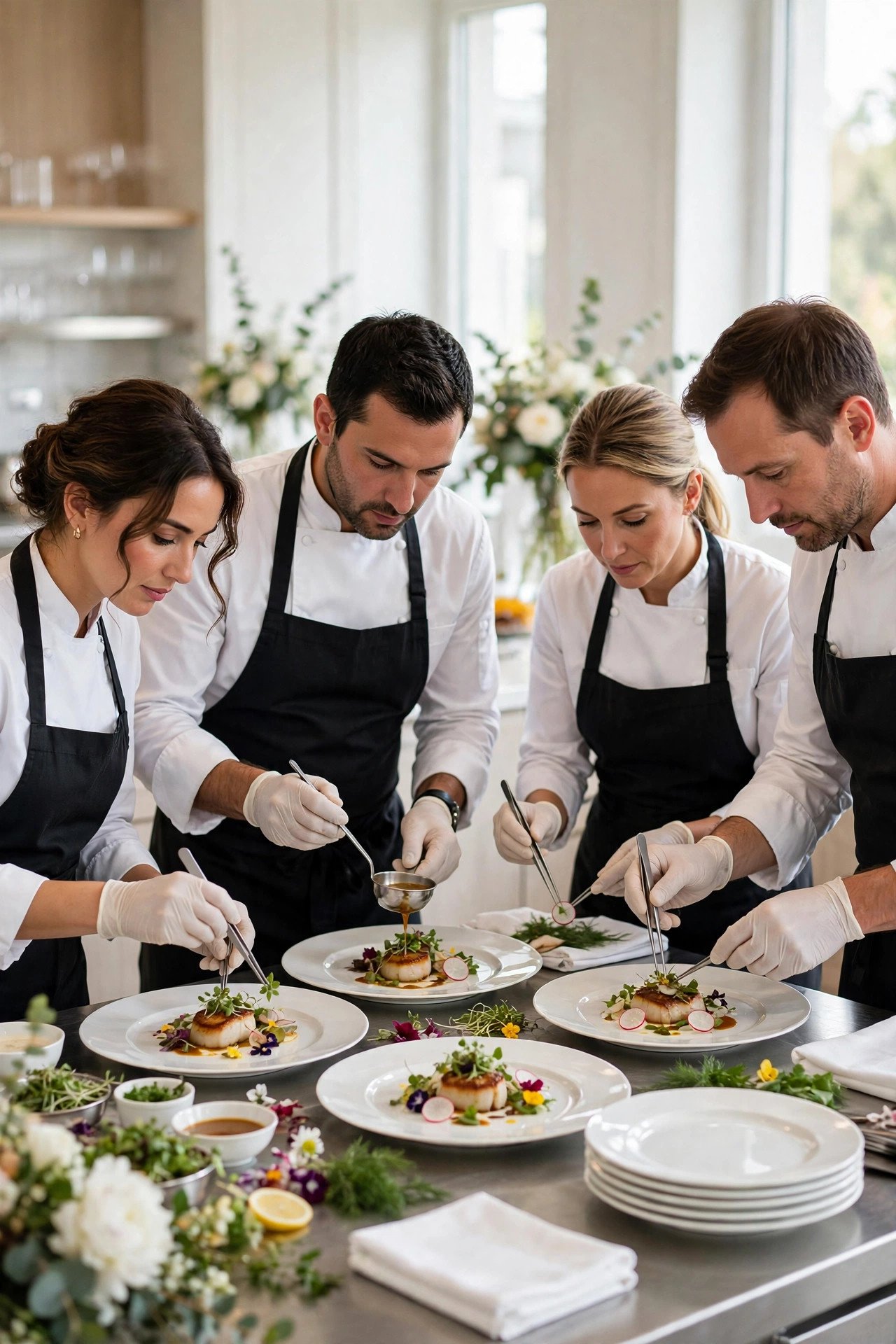 Professional catering team plating elegant wedding dinners in a venue kitchen