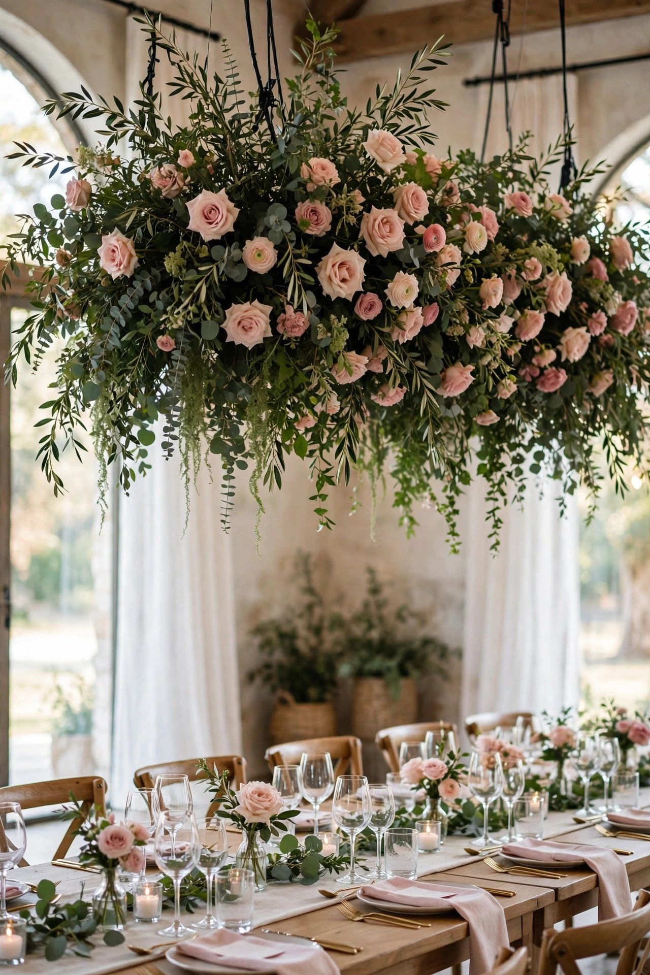 Large hanging floral installation above a wedding ceremony space designed by a professional florist