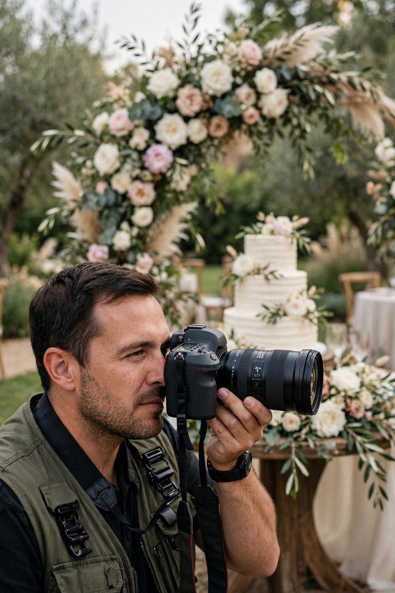 Professional wedding photographer capturing a couple's first kiss at golden hour