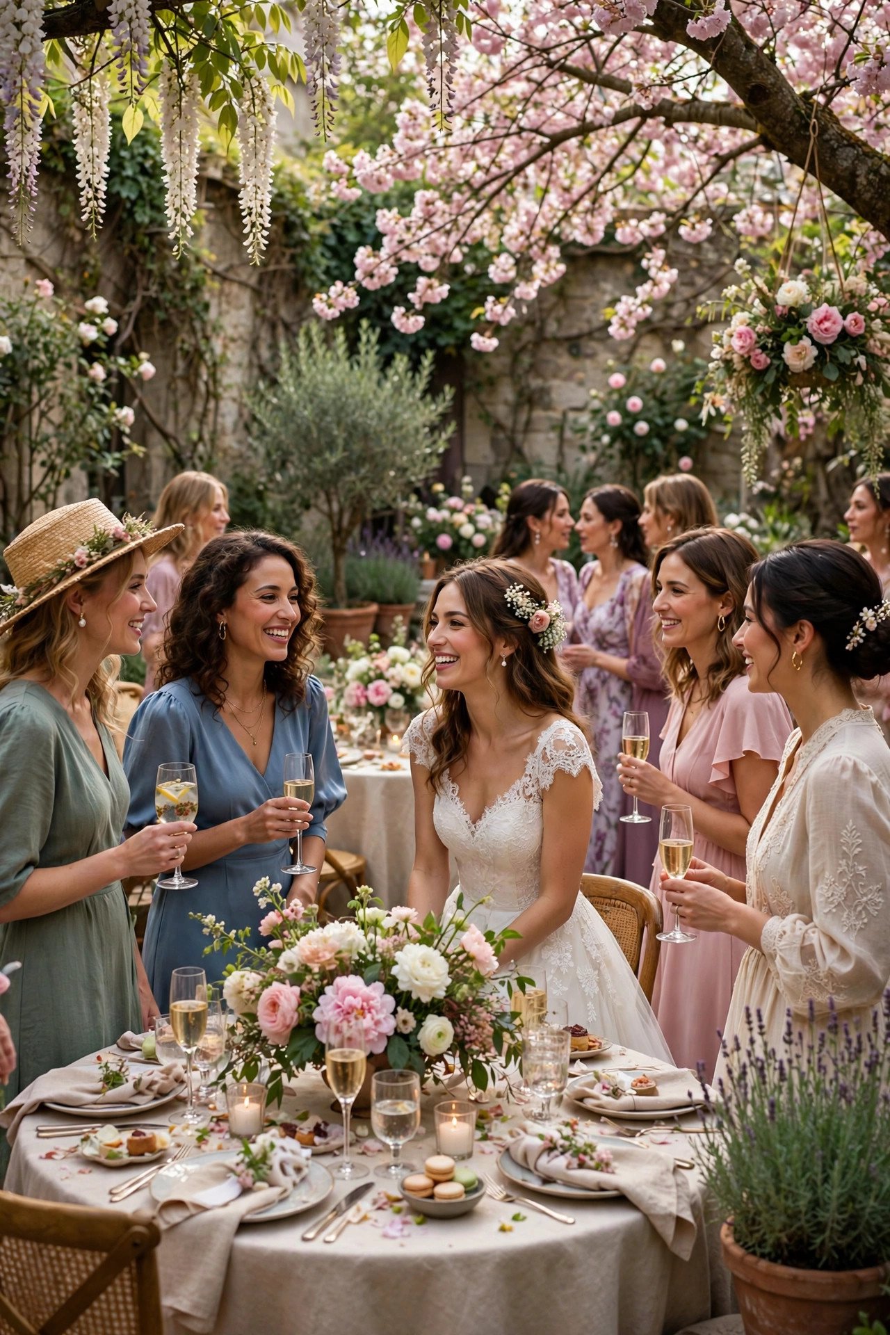Garden bridal shower with floral decor and elegant outdoor tables