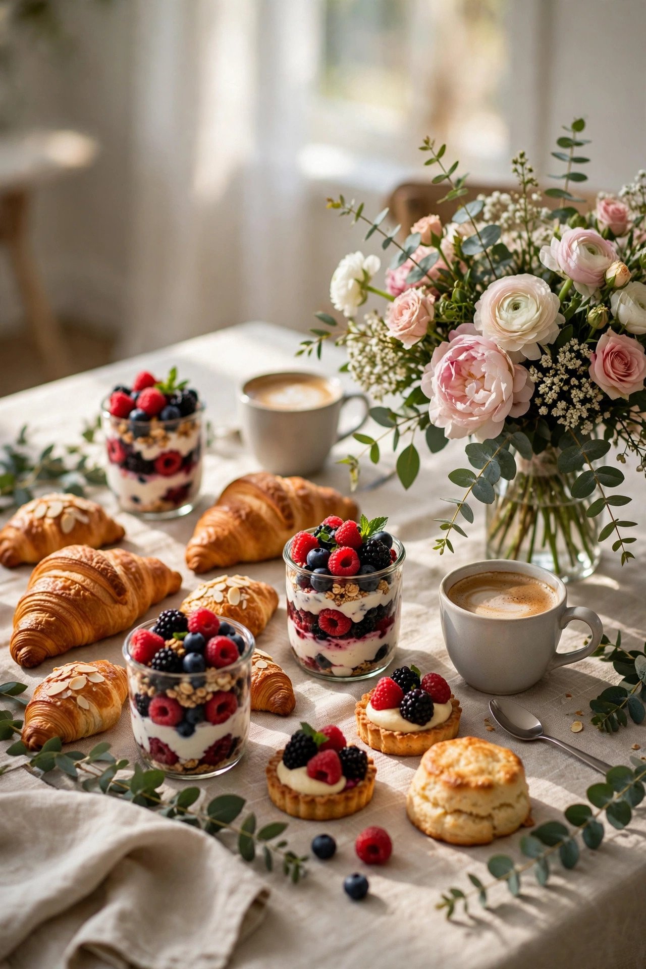 Elegant brunch bridal shower table with pastries, fruit and coffee
