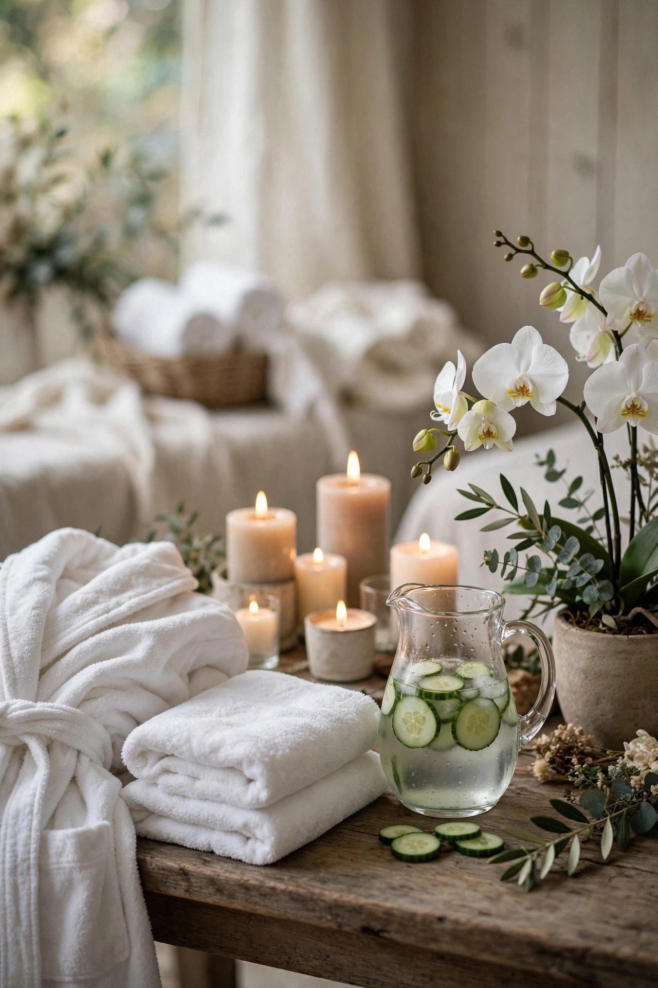 Relaxing bridal shower spa day setup with robes, candles and cucumber water