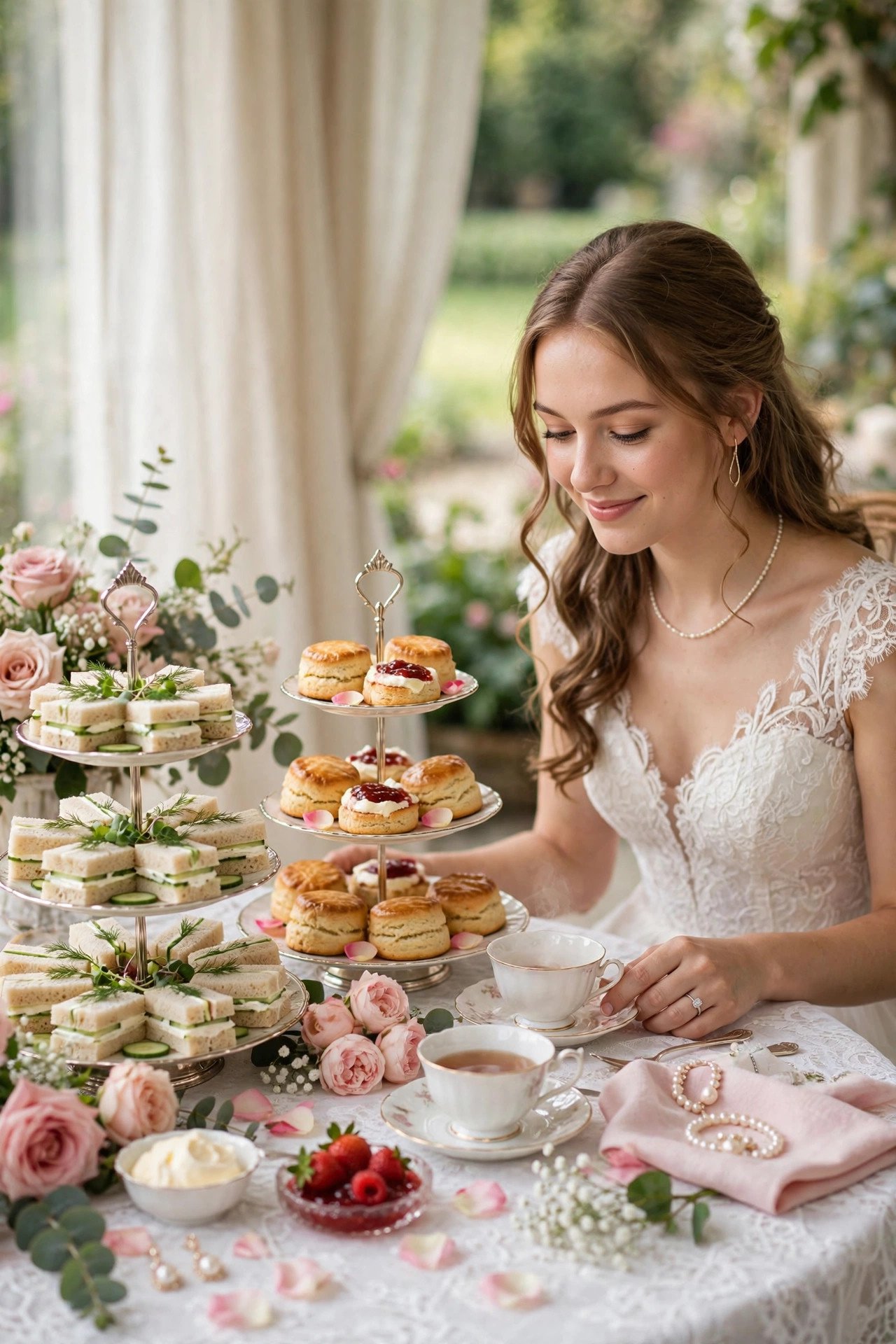 Elegant afternoon tea party bridal shower with tiered trays and teapots