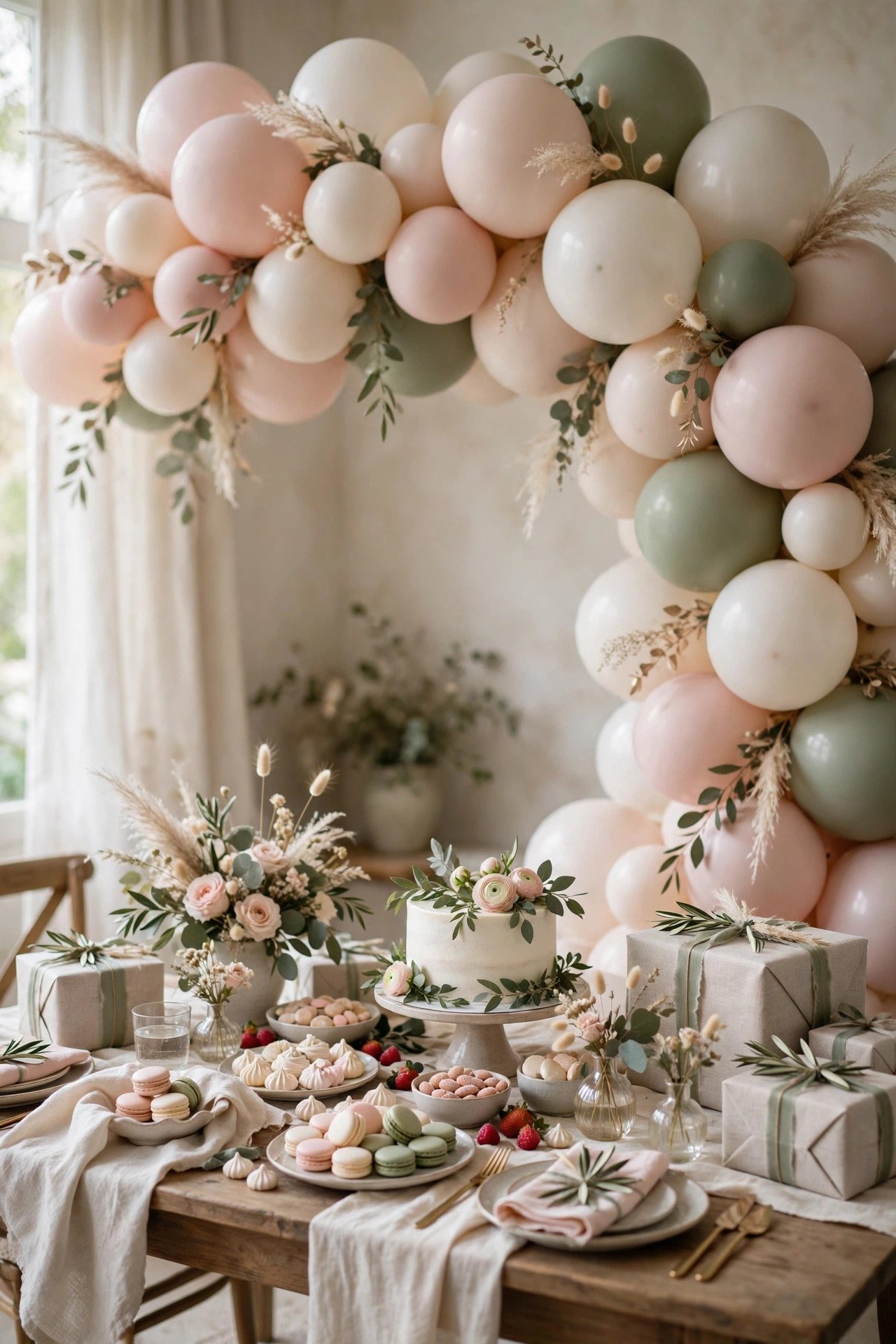 Pastel balloon installation backdrop at a bridal shower photo area