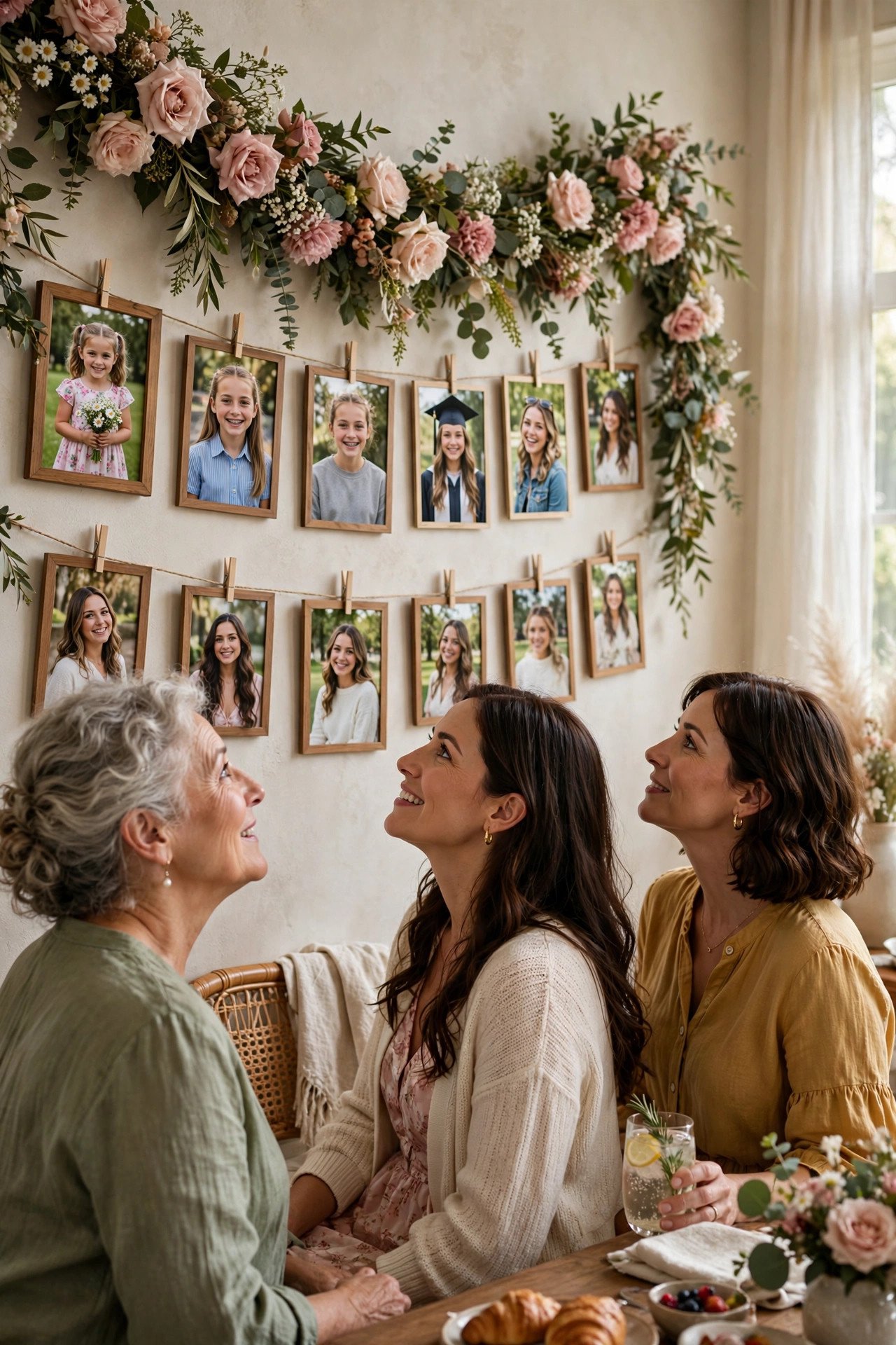 Photo memory display showing the bride through the years at a bridal shower