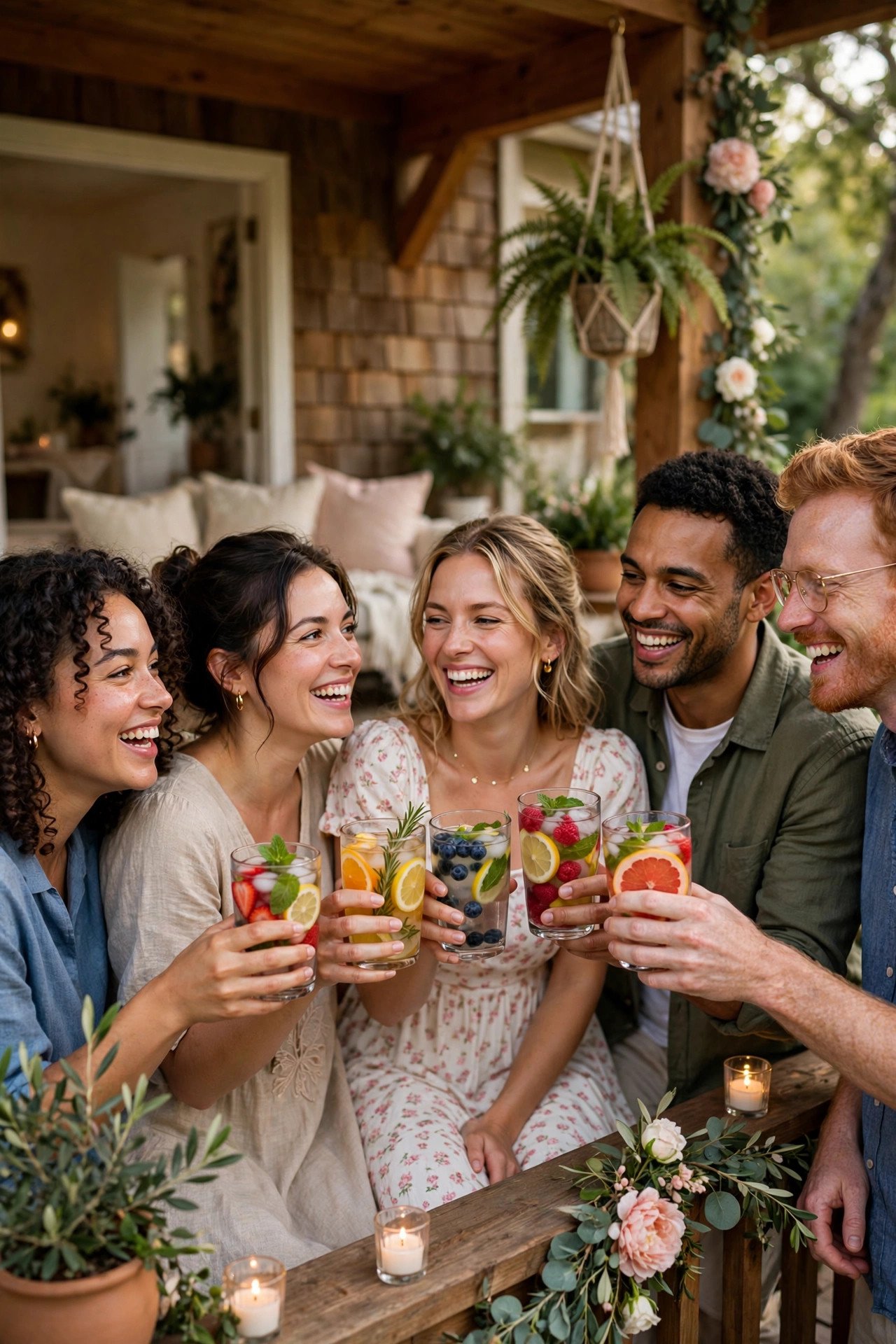 Group of friends enjoying a weekend getaway house for a destination bridal shower