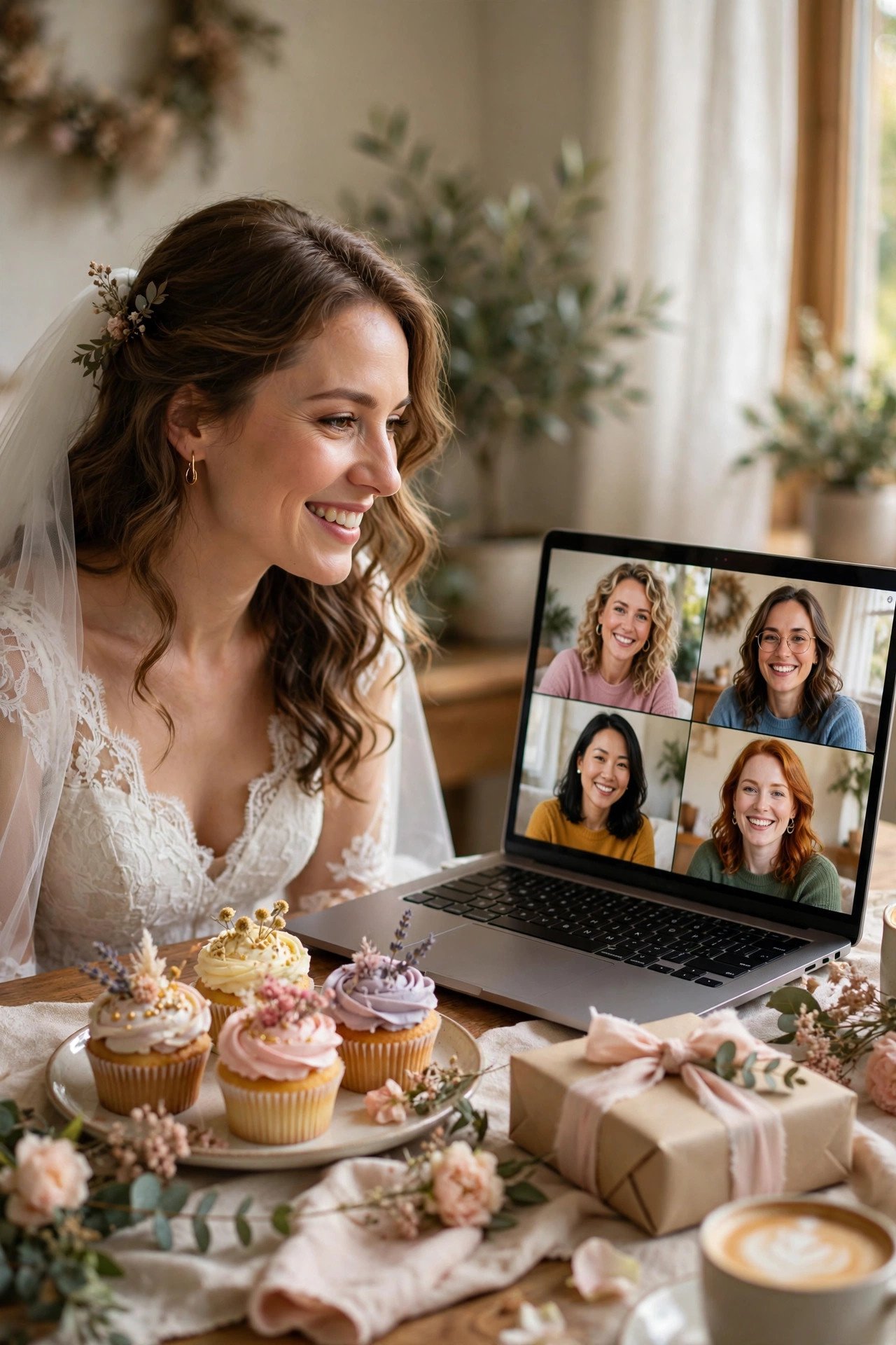 Laptop video call celebration setup for a virtual bridal shower