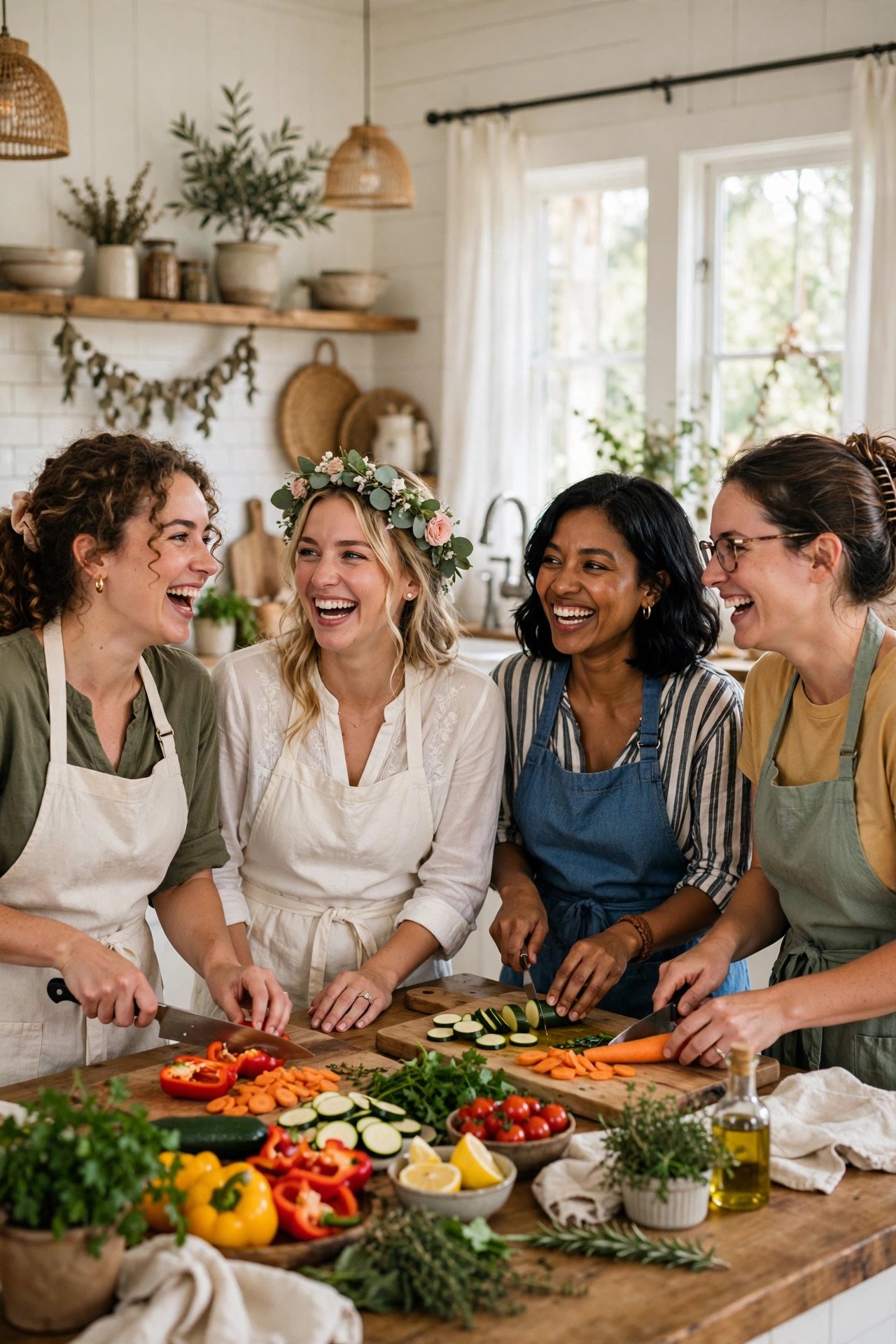 Bridal shower cooking class party with friends cooking together in a kitchen