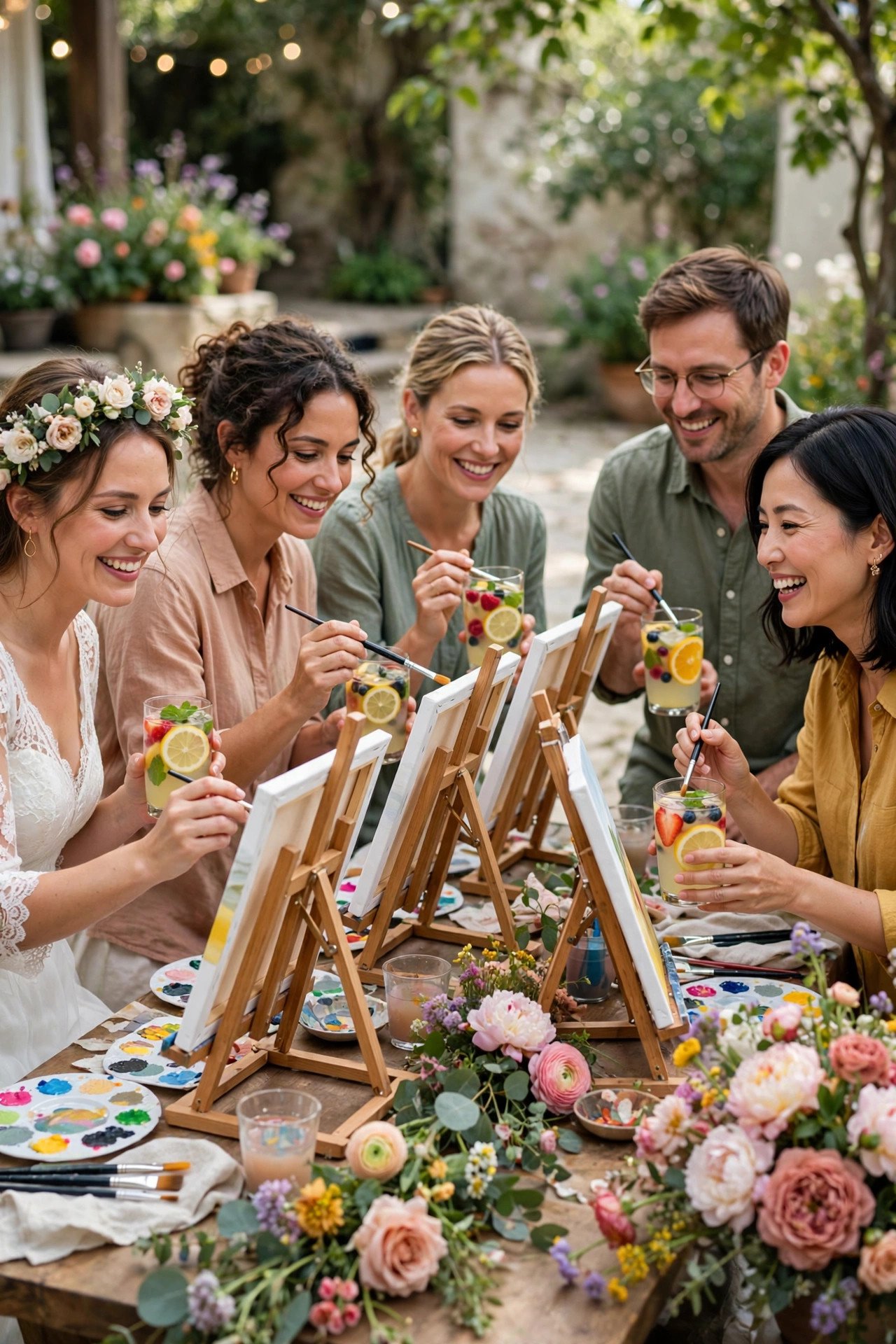 Bridal shower painting party with guests painting canvases and non-alcoholic drinks