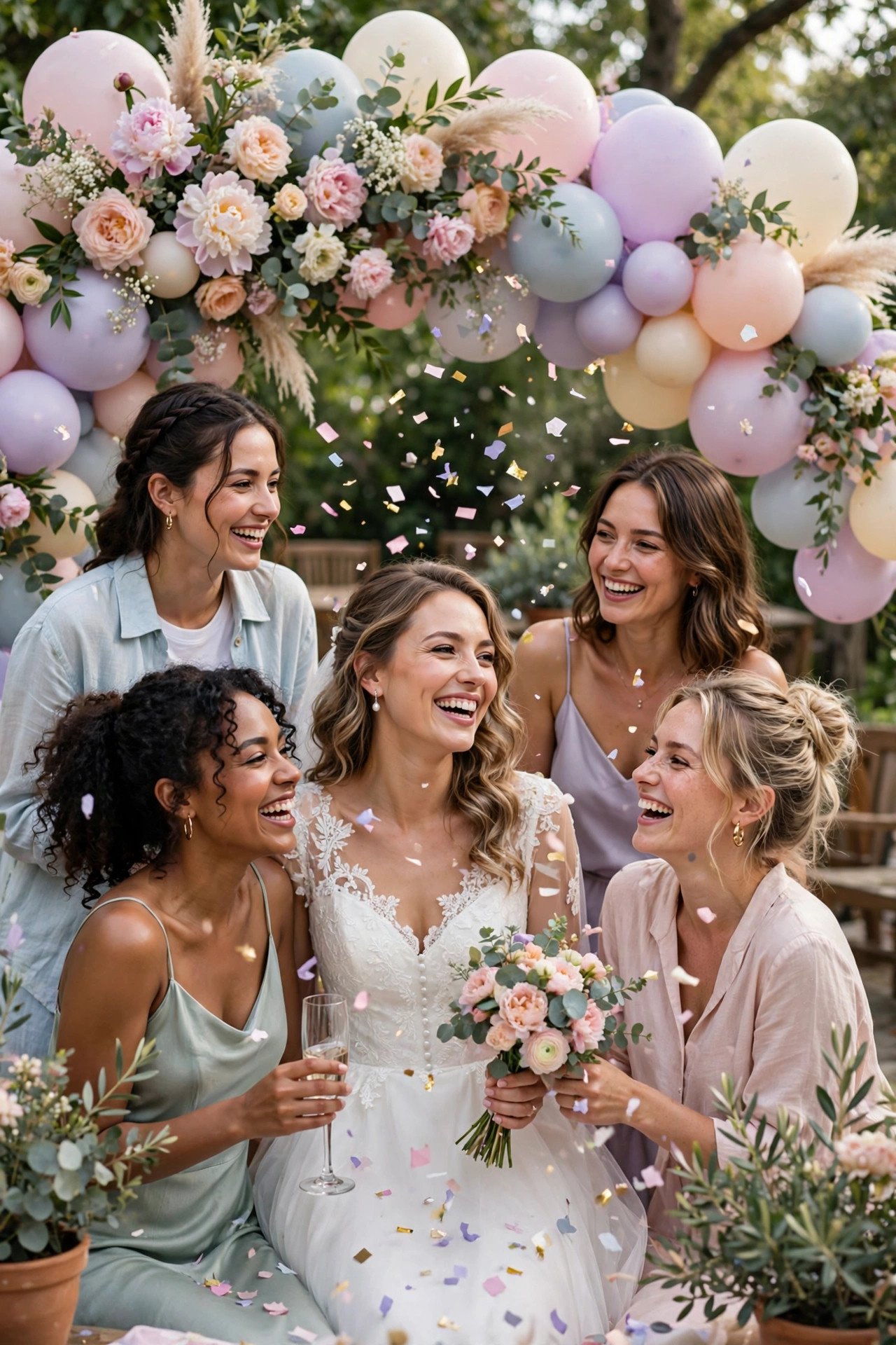 Beautiful bridal shower celebration with friends gathered around an elegant decorated table
