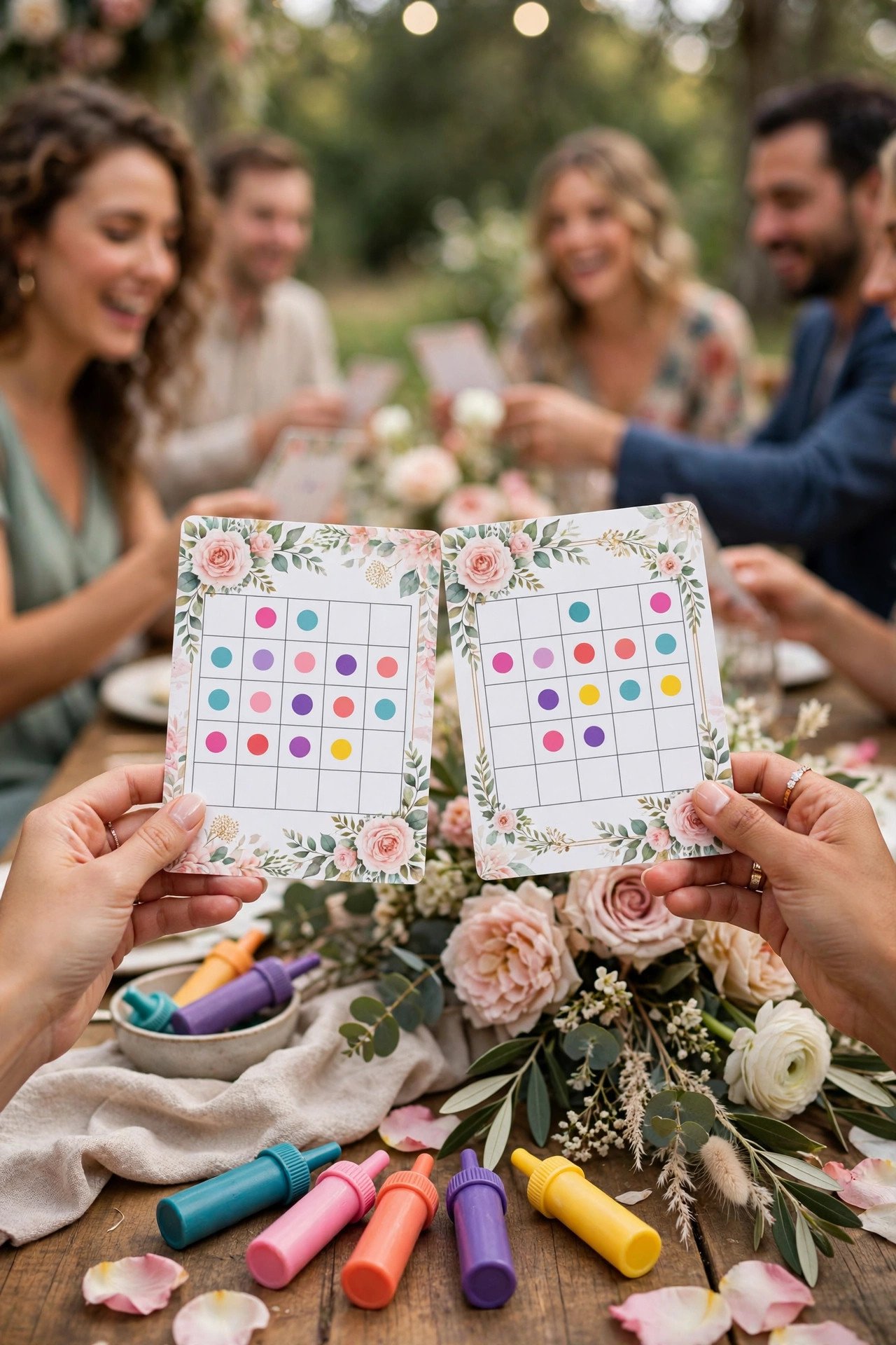 Bridal bingo cards with daubers on a table at a bridal shower