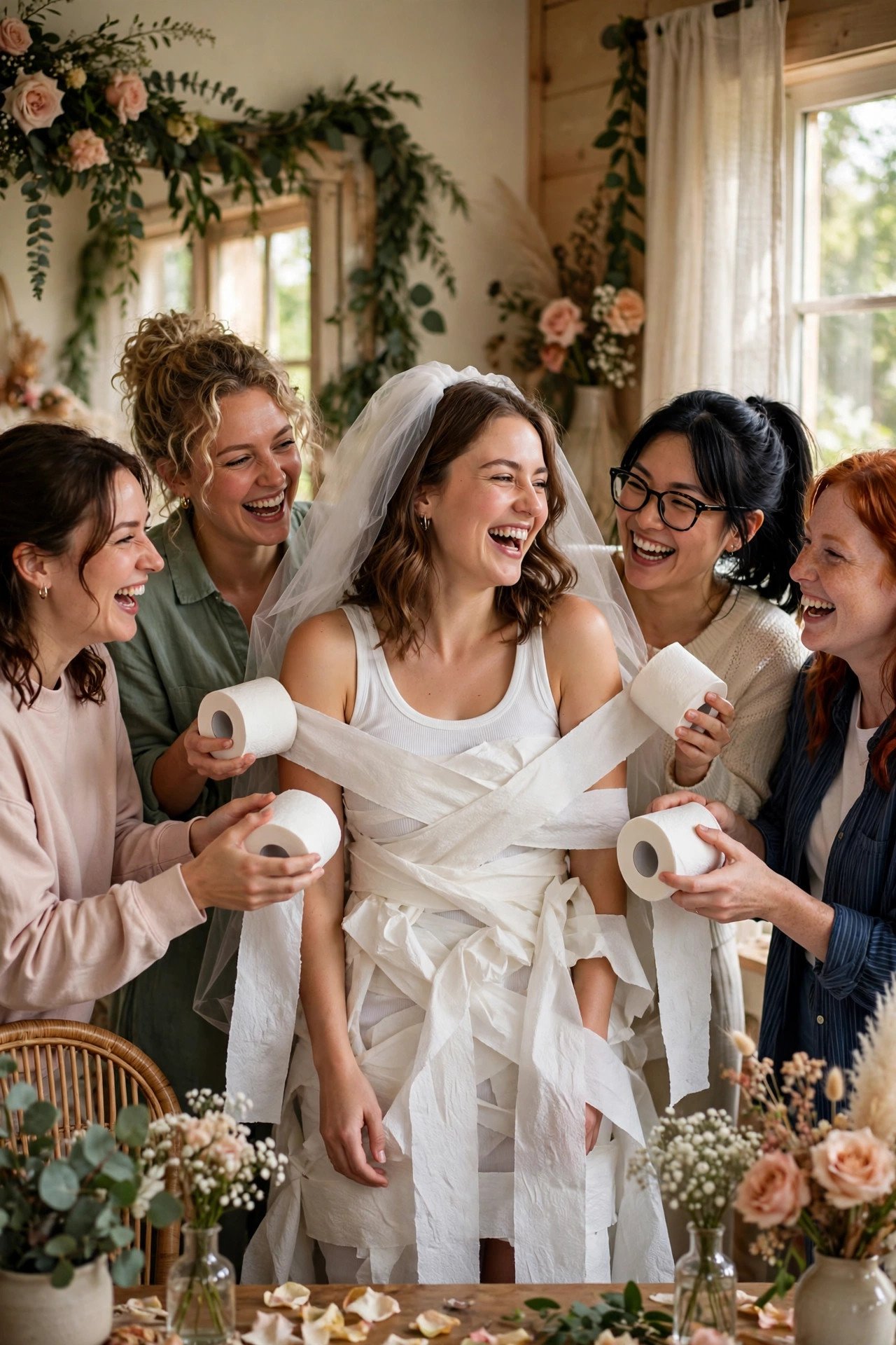 Teams creating a toilet paper wedding dress on a volunteer model at a bridal shower