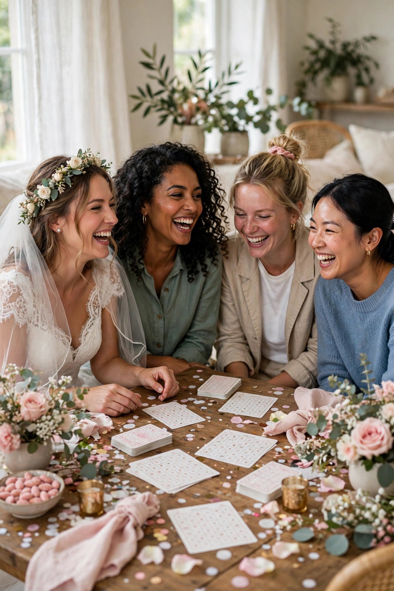 Friends laughing while playing classic bridal shower games around a decorated table