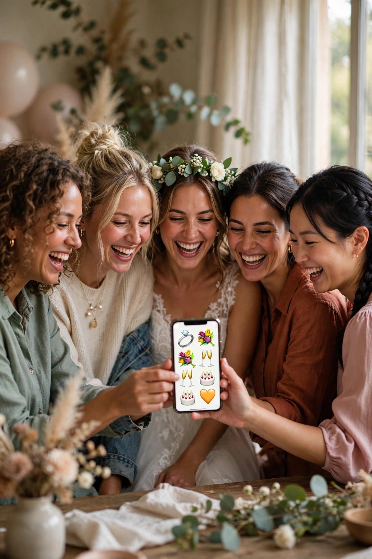 Guests playing emoji guessing game on phones at a bridal shower