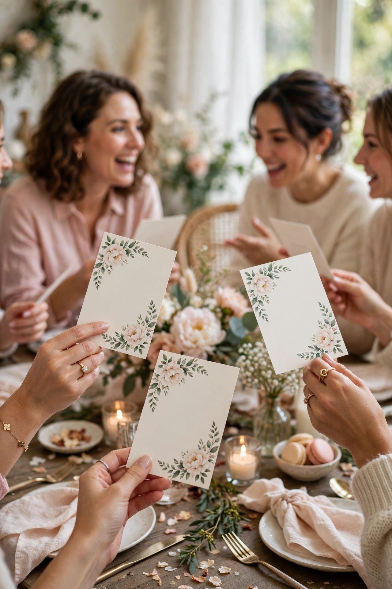Wedding trivia question cards and answer sheets at a bridal shower
