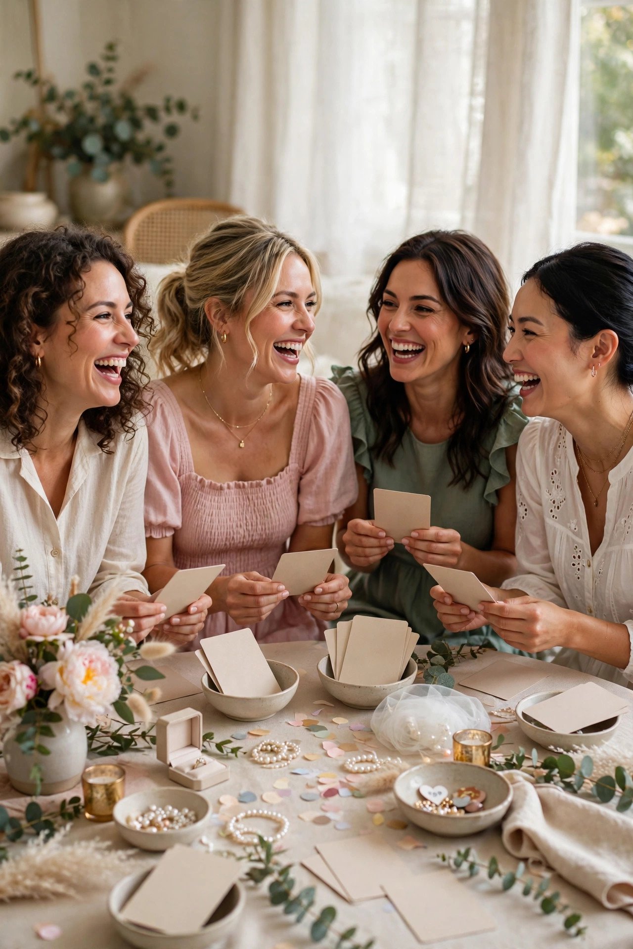 Bridal shower guessing game with props and laughing guests