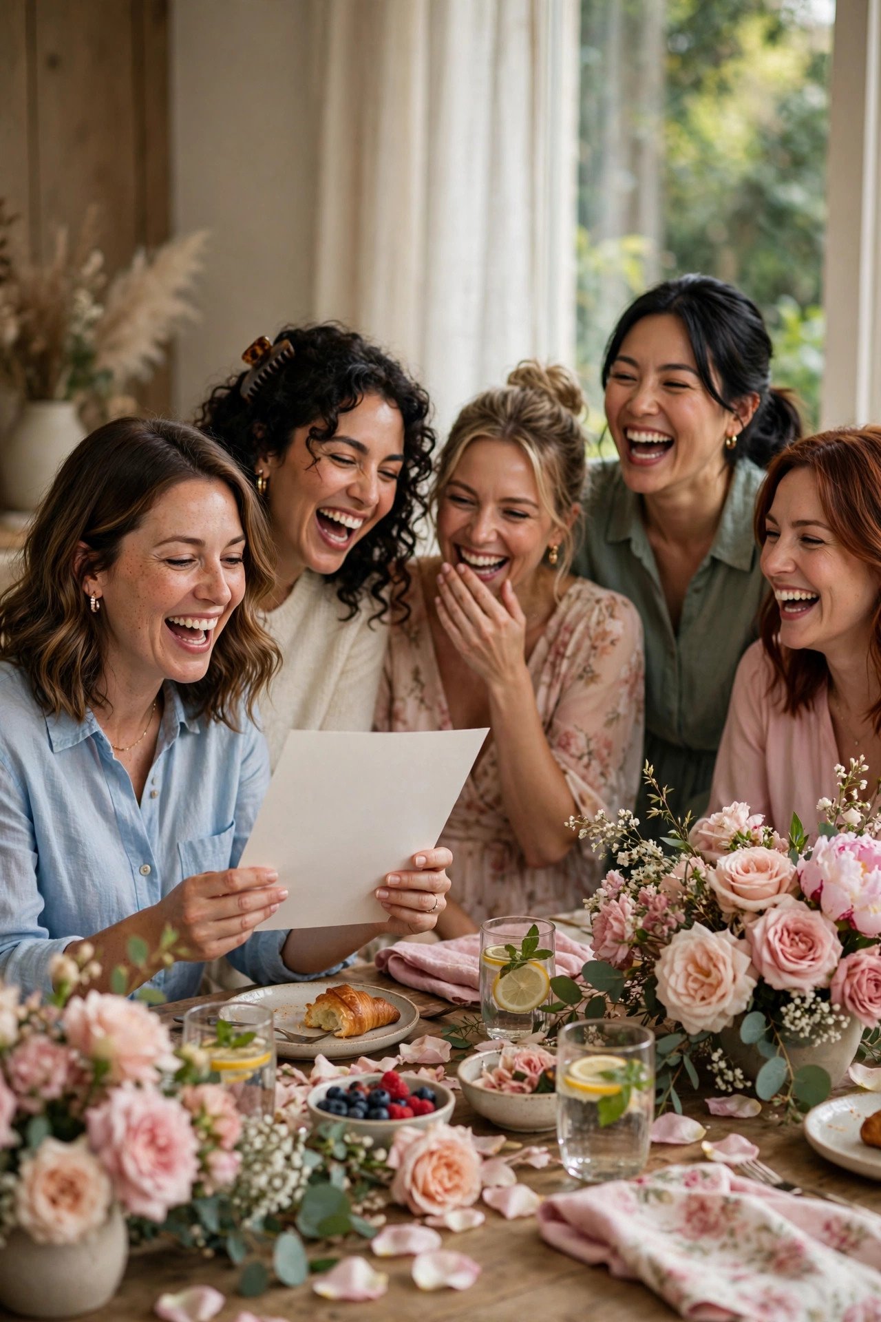 Funny love story mad libs being read aloud at a bridal shower
